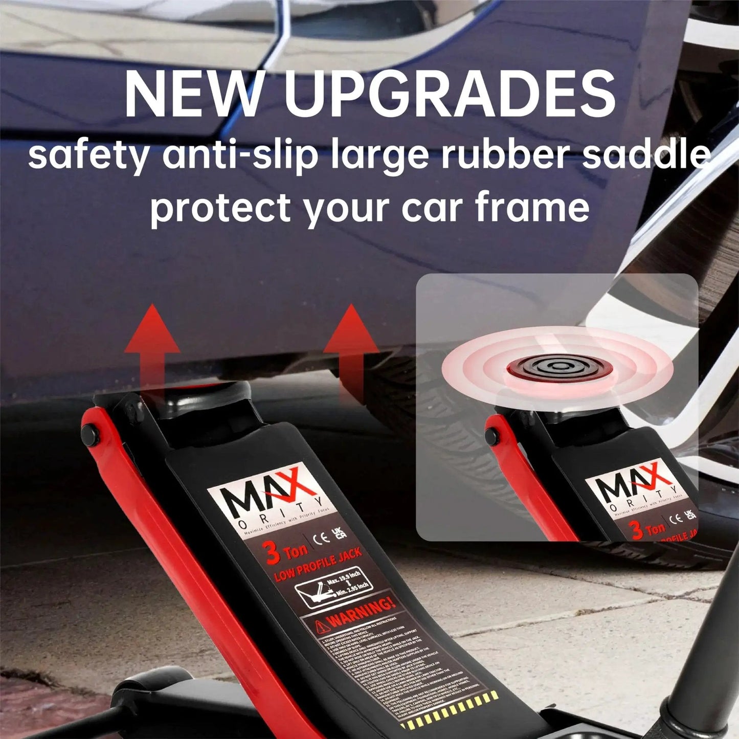 Low Profile 3 Ton Hydraulic Floor Jack With Dual Pistons And Quick Lift under car with safety features shown