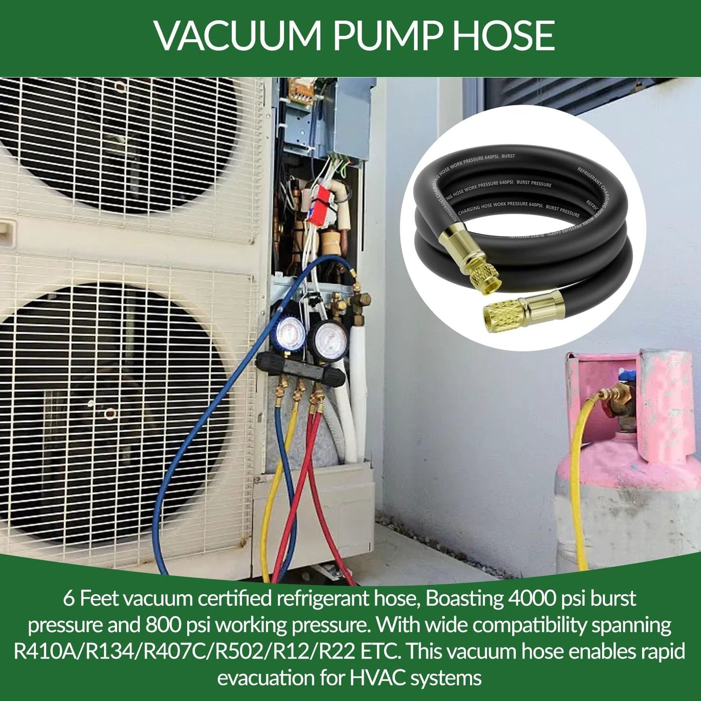 HVAC Vacuum Hose Six Foot Length With Three Eighths Inch Internal Diameter And Three Eighths To Quarter Inch Fittings displayed