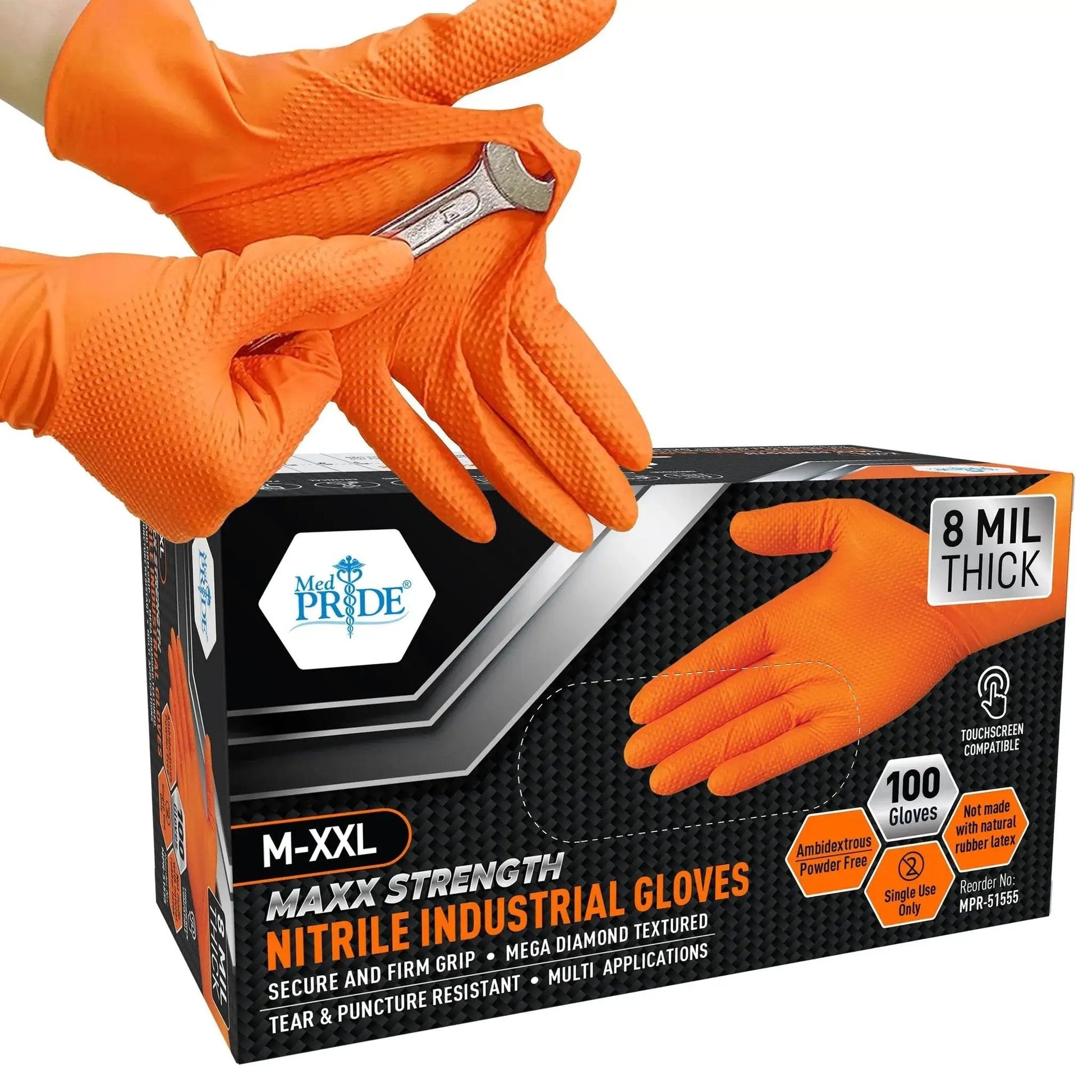 Person wearing Industrial Nitrile Gloves 8 Mil Heavy Duty Diamond Texture Orange Size Large holding a wrench and product box in view.