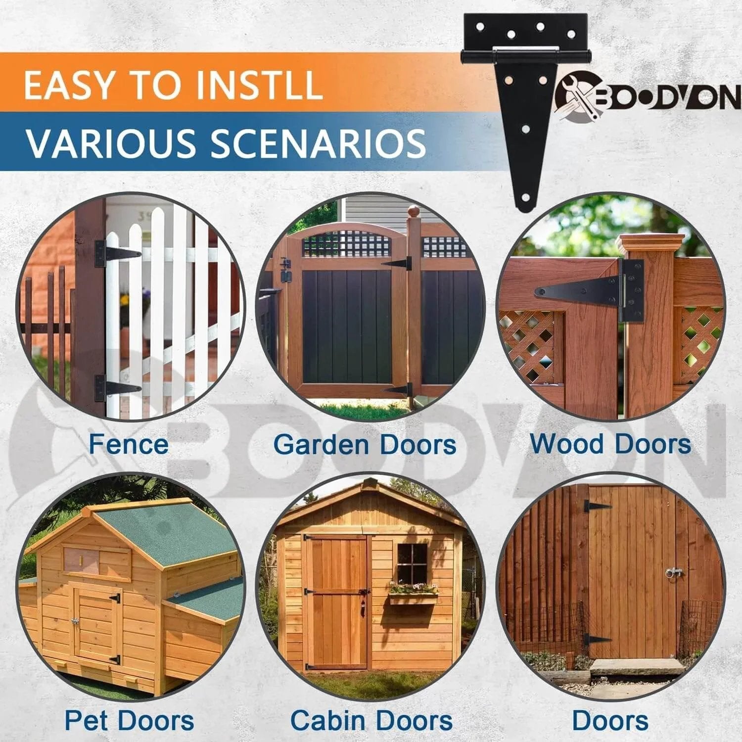 Image showing the use of 10 Inch T Strap Gate Hinges in black powder coated finish on various gates and doors like fence, garden, and cabin doors.