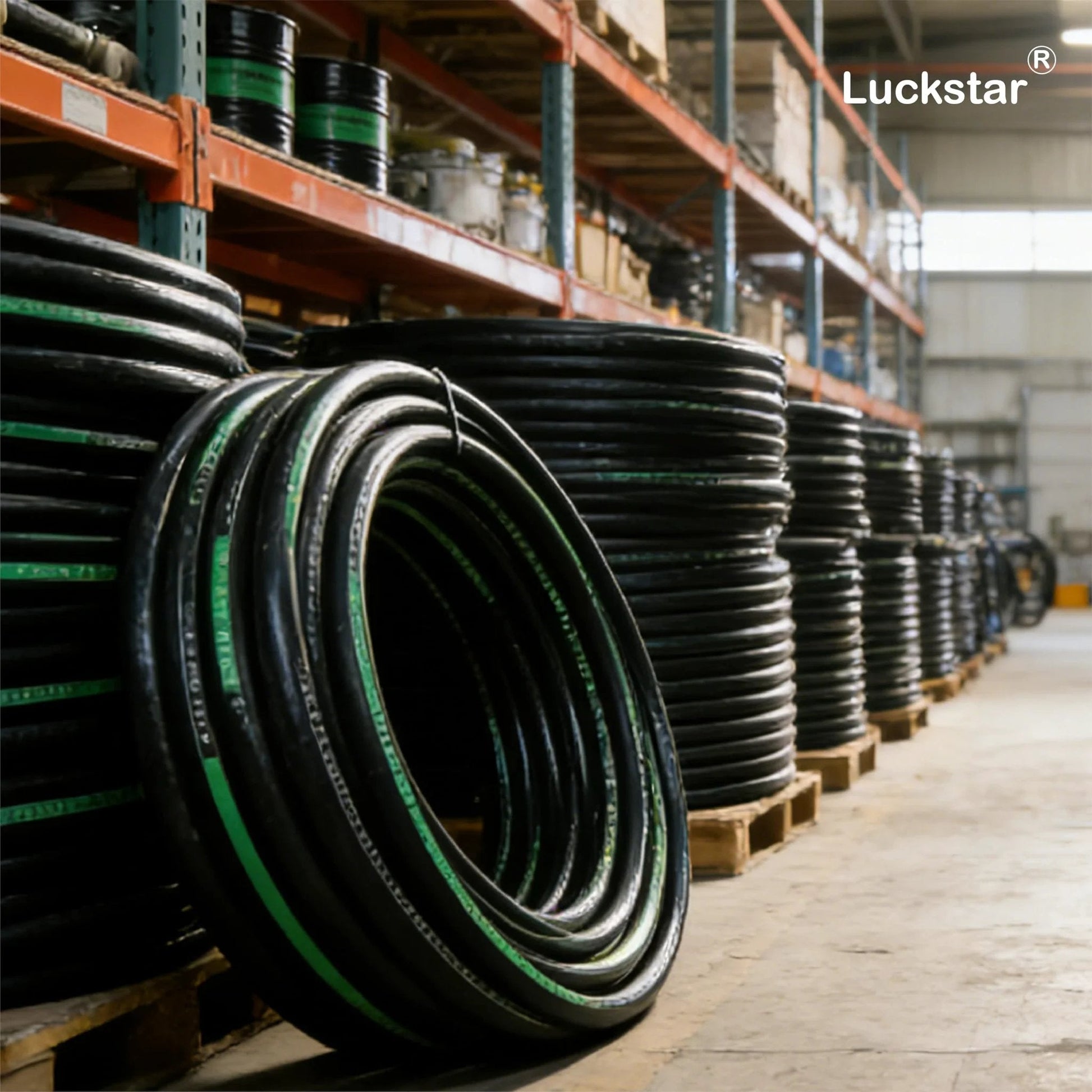 Coiled All In One 10ft 1/4 Inch Hydraulic Hose Kit EN853 SAE 100R2AT in warehouse setting, showcasing industrial storage.