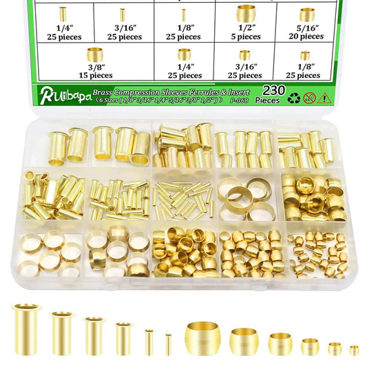 Brass Compression Fittings Kit 230 Pieces With Sleeves Ferrules And Inserts In One Eighth To One Half Inch Six Sizes Displayed