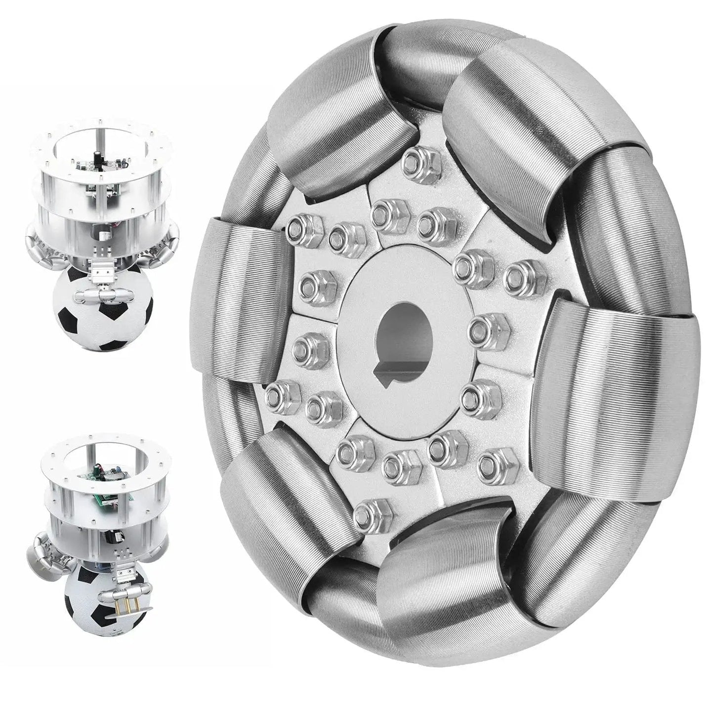 100mm Stainless Steel Omnidirectional Wheel for Robotics and Ball Balance Ballbots, featuring smooth lateral and sliding movement.