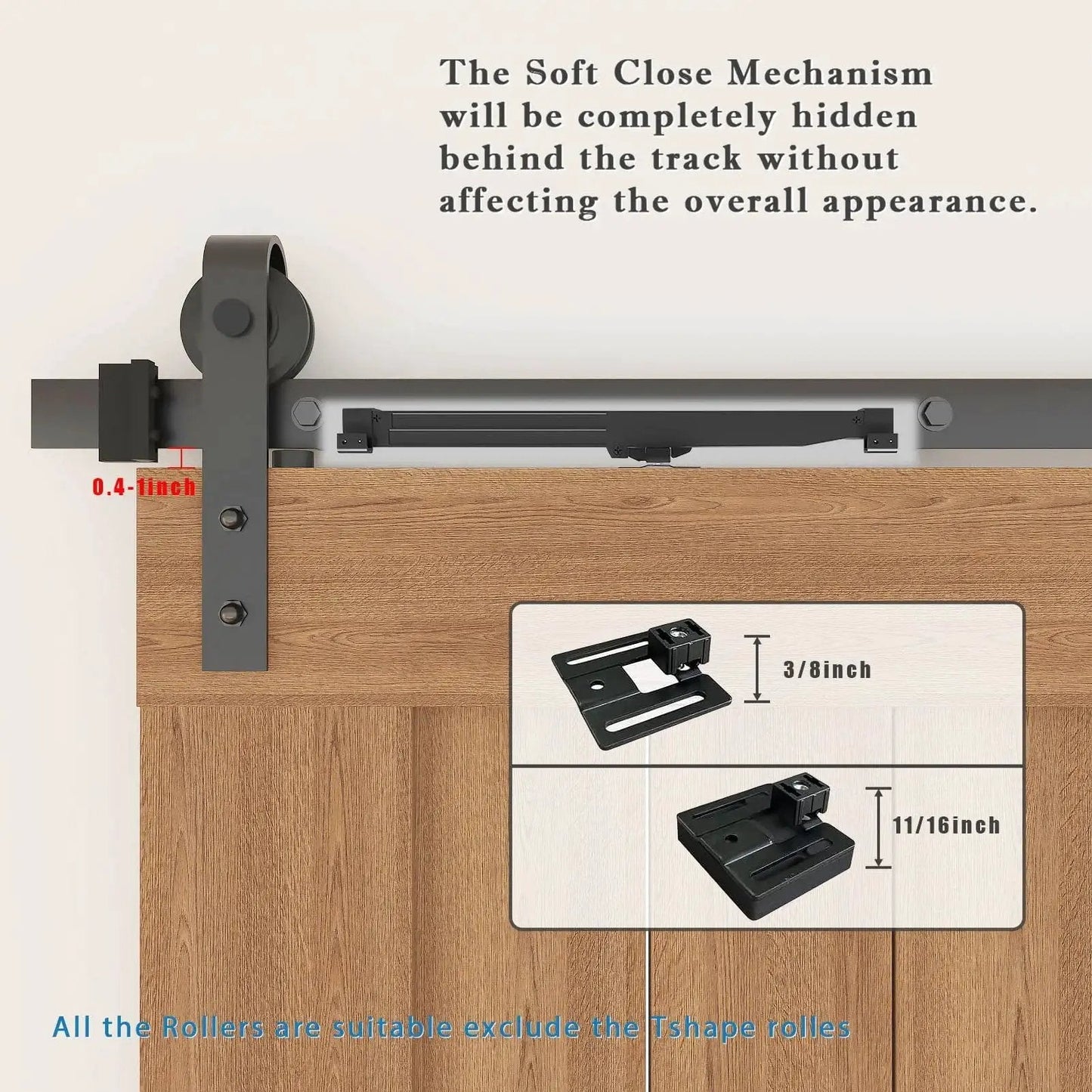 Hole-Free Barn Door Soft Close Mechanism installed on wood door, upgraded sliding door hardware with spring buffer damper visible