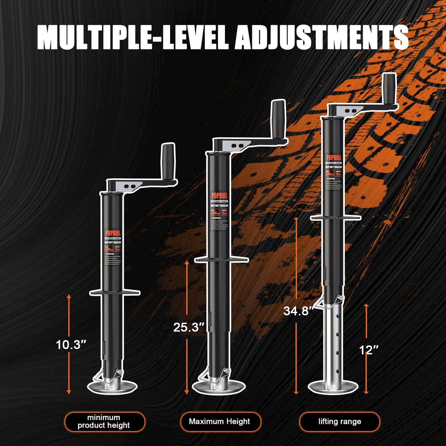 Heavy Duty 5000lb A Frame Trailer Jack With 30 Inch Lift And 20 To 24V Cordless Drill Compatibility Manual Overdrive Option shown with adjustable heights.
