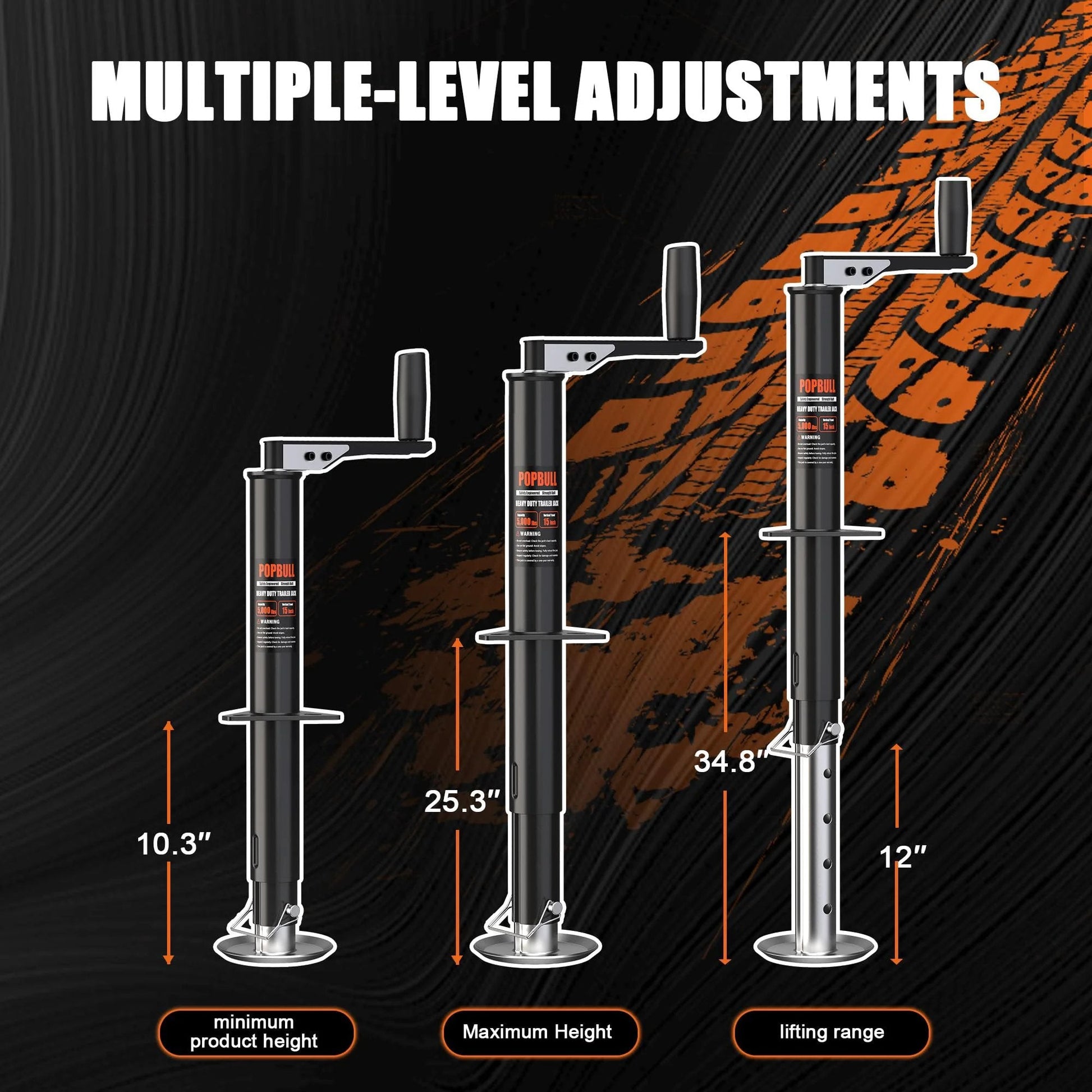 Heavy Duty 5000lb A Frame Trailer Jack With 30 Inch Lift And 20 To 24V Cordless Drill Compatibility Manual Overdrive Option shown with adjustable heights.