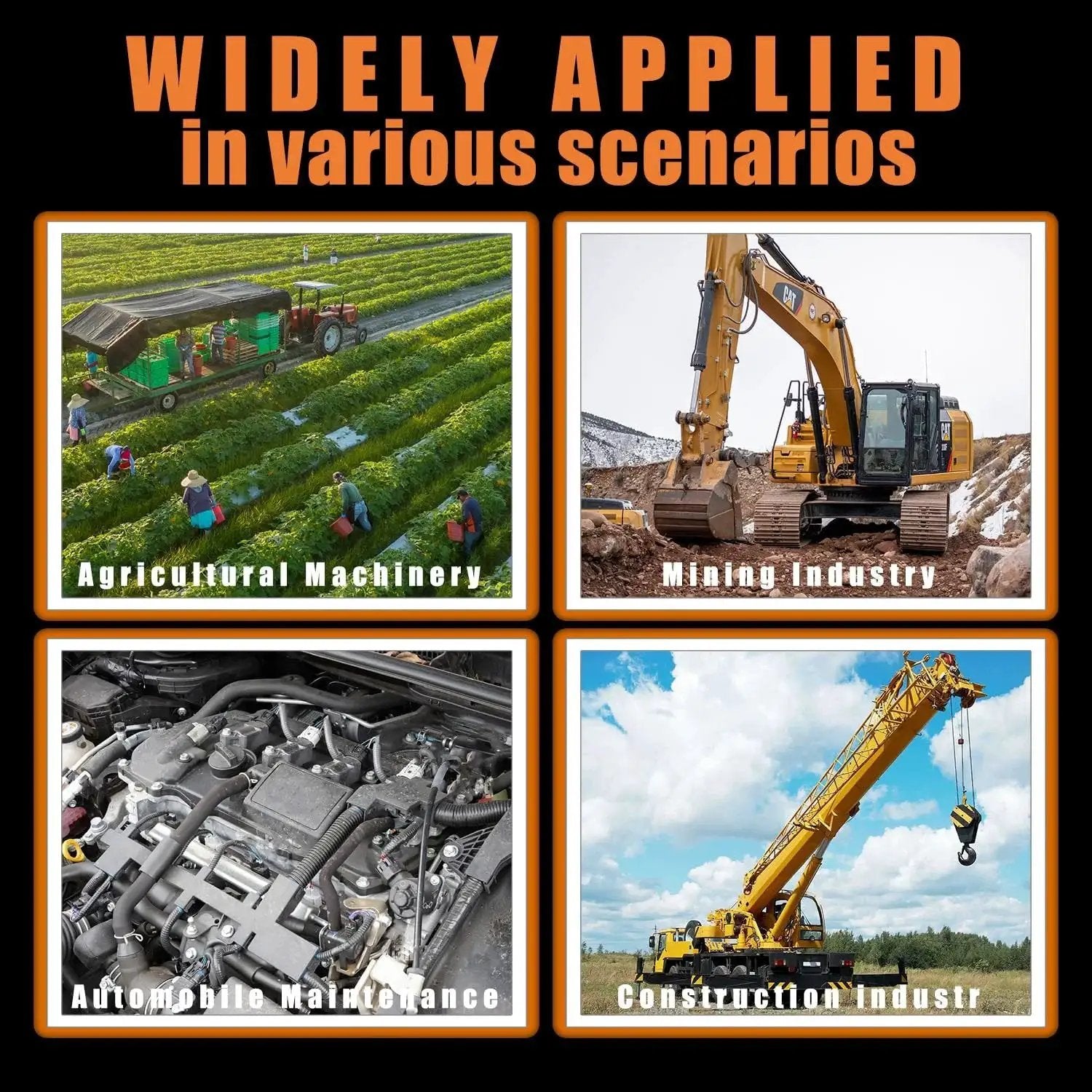 Four images showing various uses of Three Pack Reusable Hydraulic Hose Field Repair Kit in agriculture, mining, automotive, and construction industries.