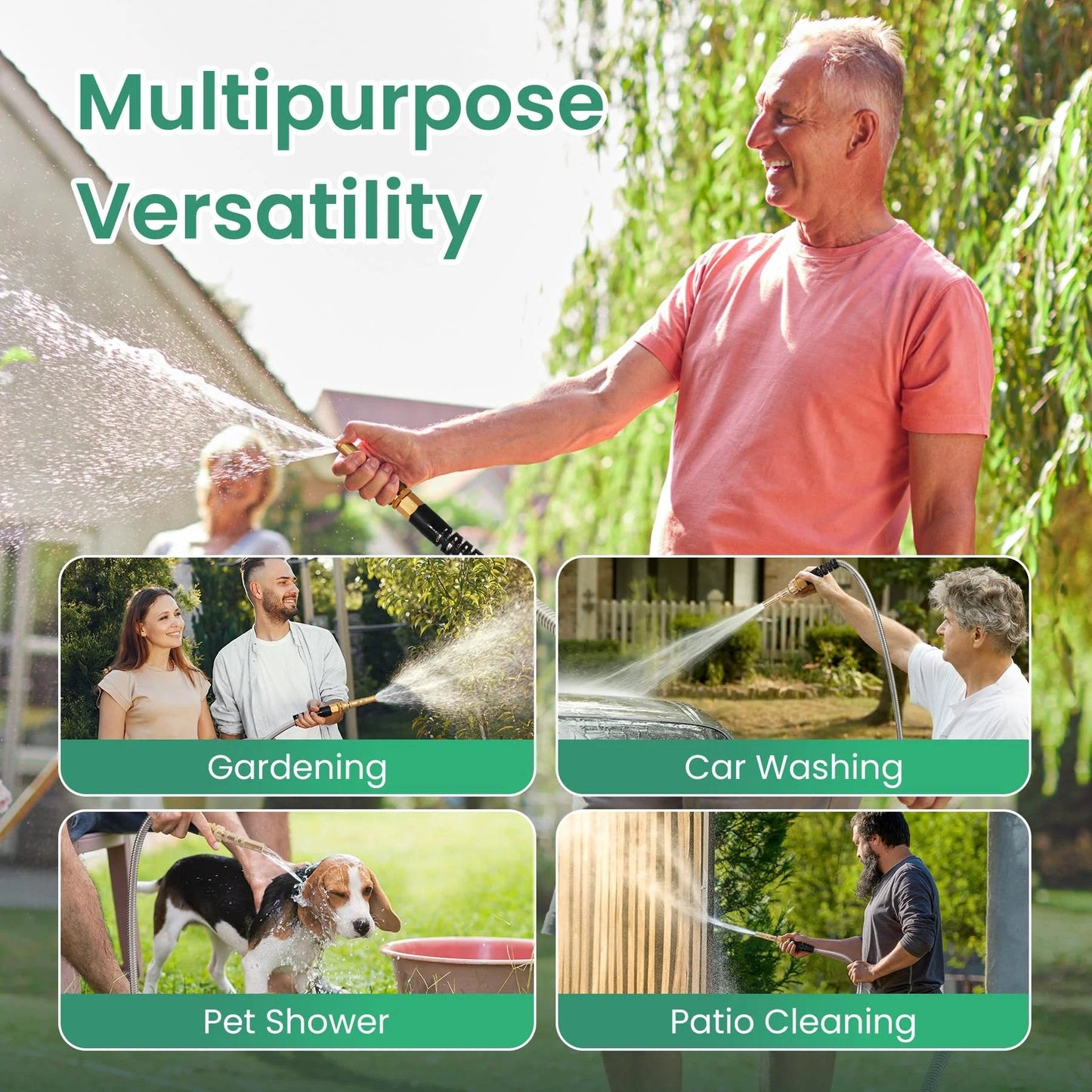 Man using Ultra-Sturdy 25ft Metal Garden Hose Made From 304 Stainless Steel, Flexible And No Kink, UV Resistant for gardening.