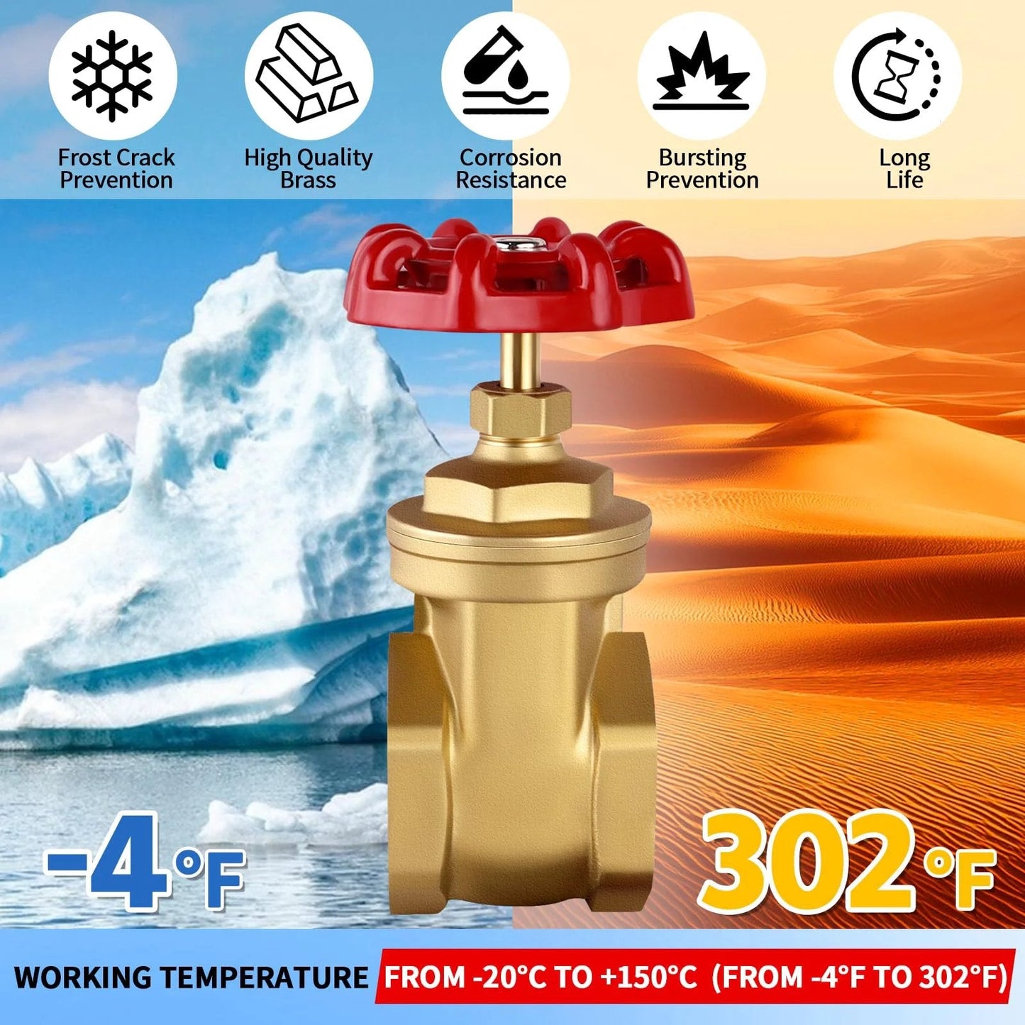 Heavy Duty Brass Gate Valve Three-Quarter Inch NPT With Wheel Handle, 200 WOG Rating, for Plumbing HVAC Systems, temperature range -4°F to 302°F