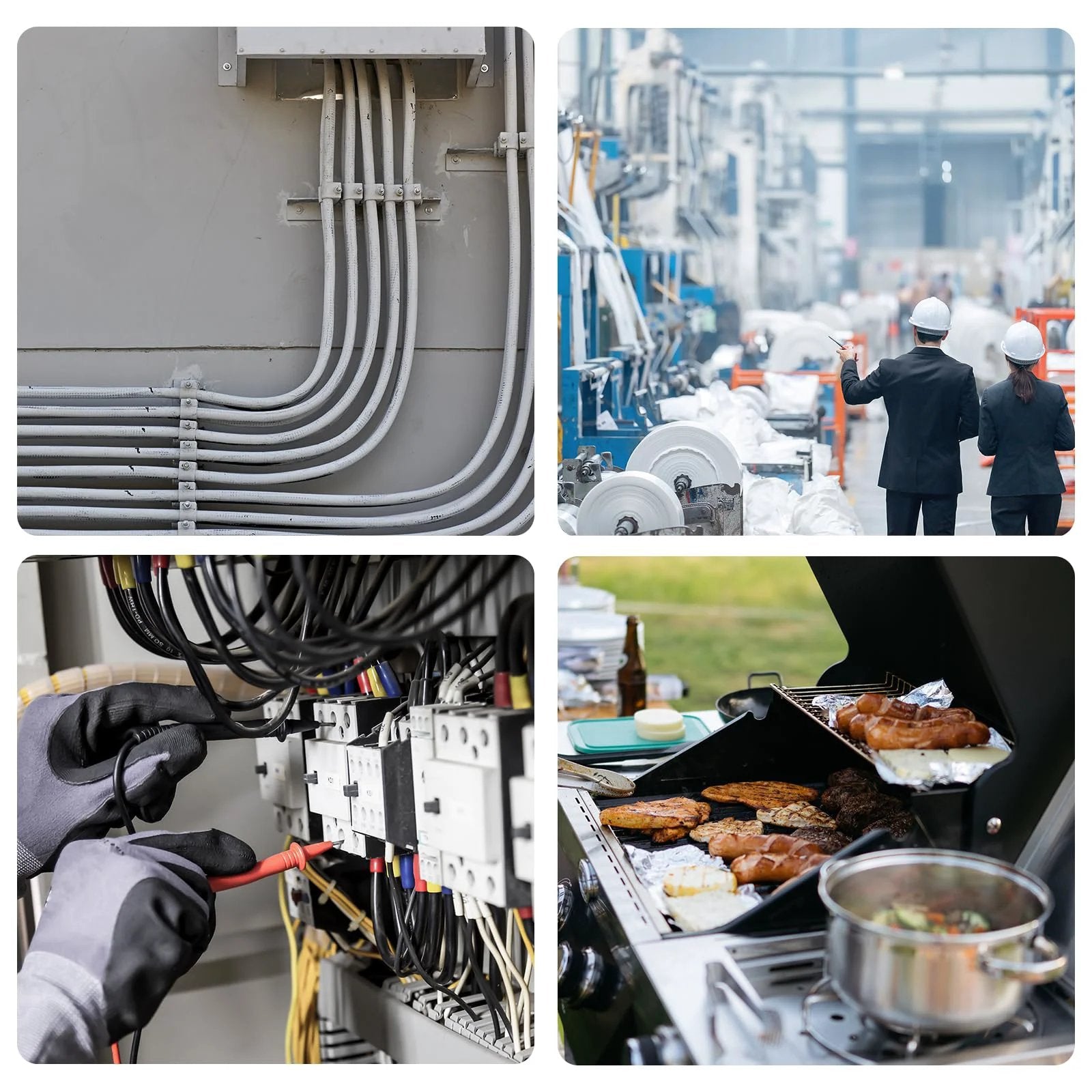 Collage of industrial scenes: electrical wiring, factory with workers, electrical panel adjustments, and outdoor barbecue setup.