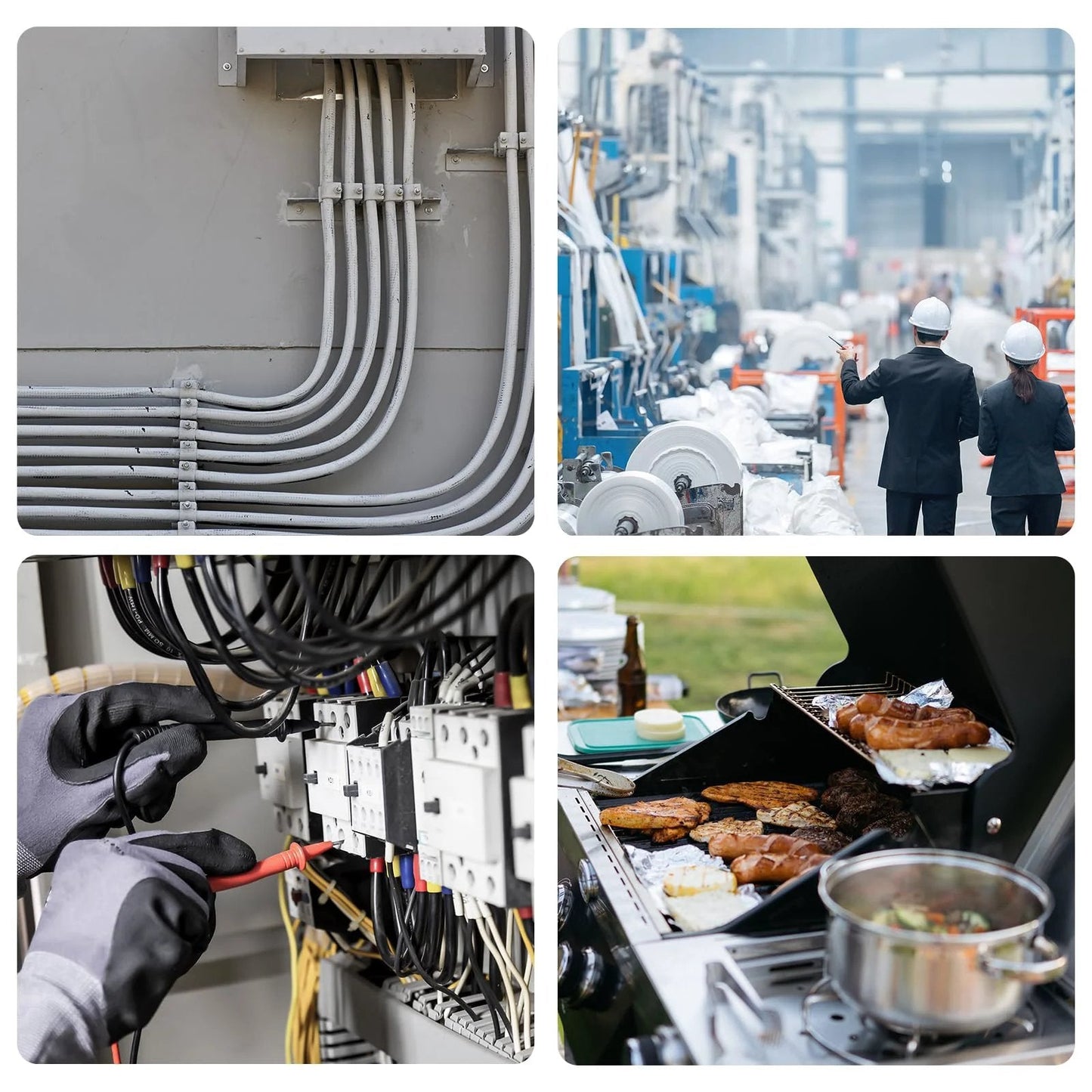 Four-image collage showing industrial electrical installations and outdoor grilling setup