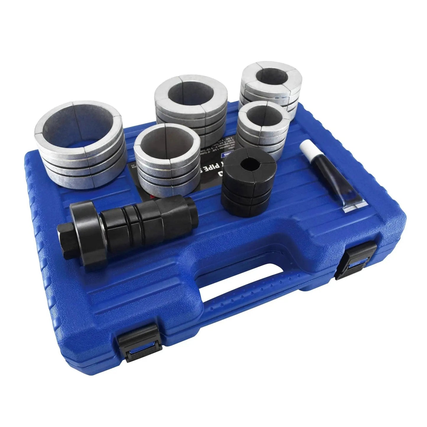 Exhaust Pipe Stretcher Kit Heavy Duty Expander For Small To Large Exhaust Piping with interchangeable collets on blue case