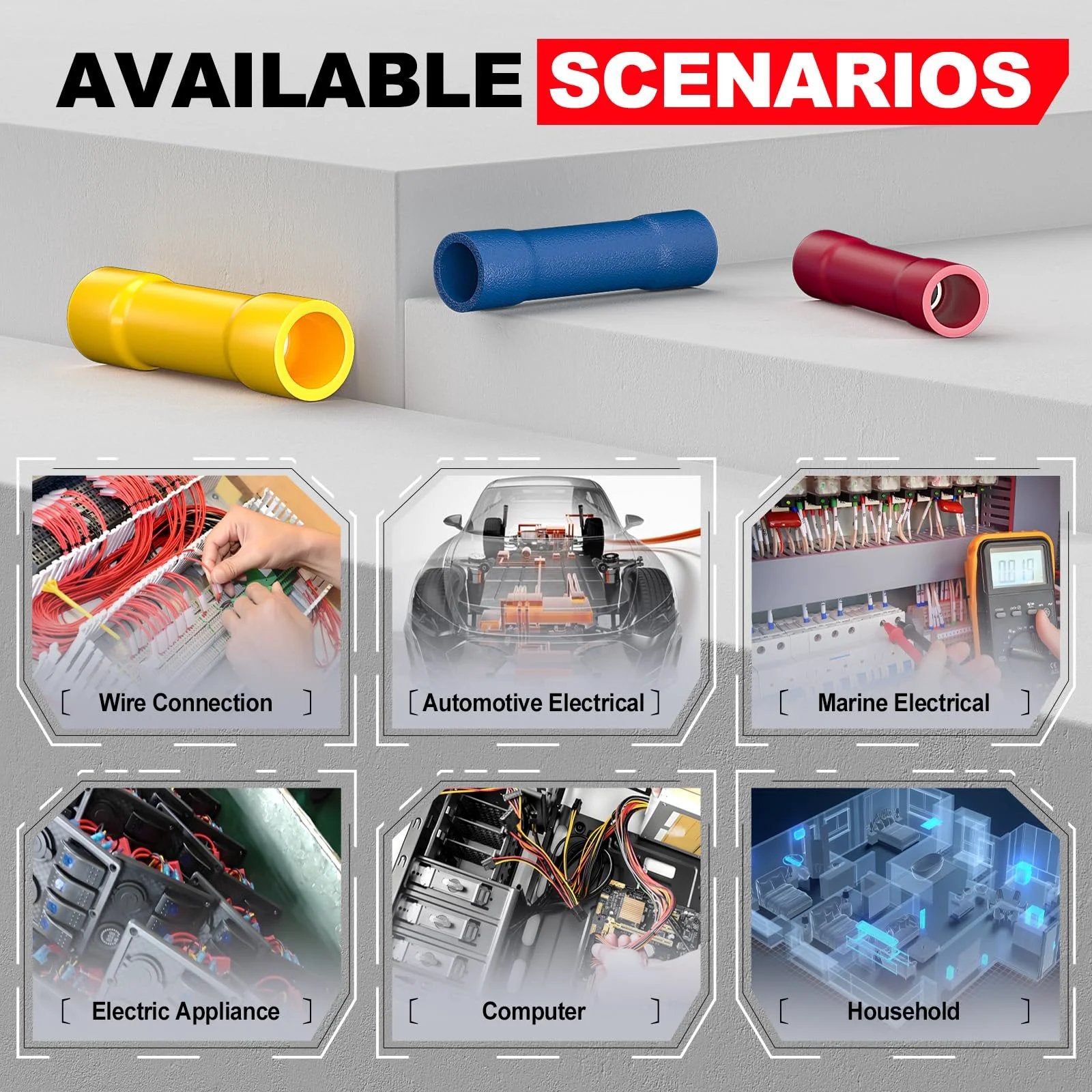 UL Listed 200 Piece Wire Butt Splice Connectors Kit For 22 To 10 AWG usage scenarios in automotive, marine, and home.