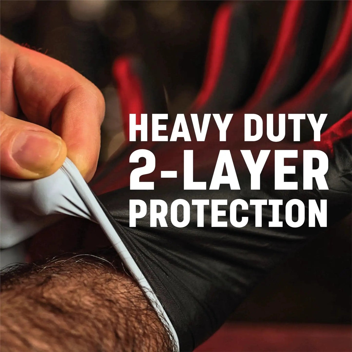 Two Layer 6 Mil Nitrile Gloves Heavy Duty Chemical Resistant Black Textured Grip being put on