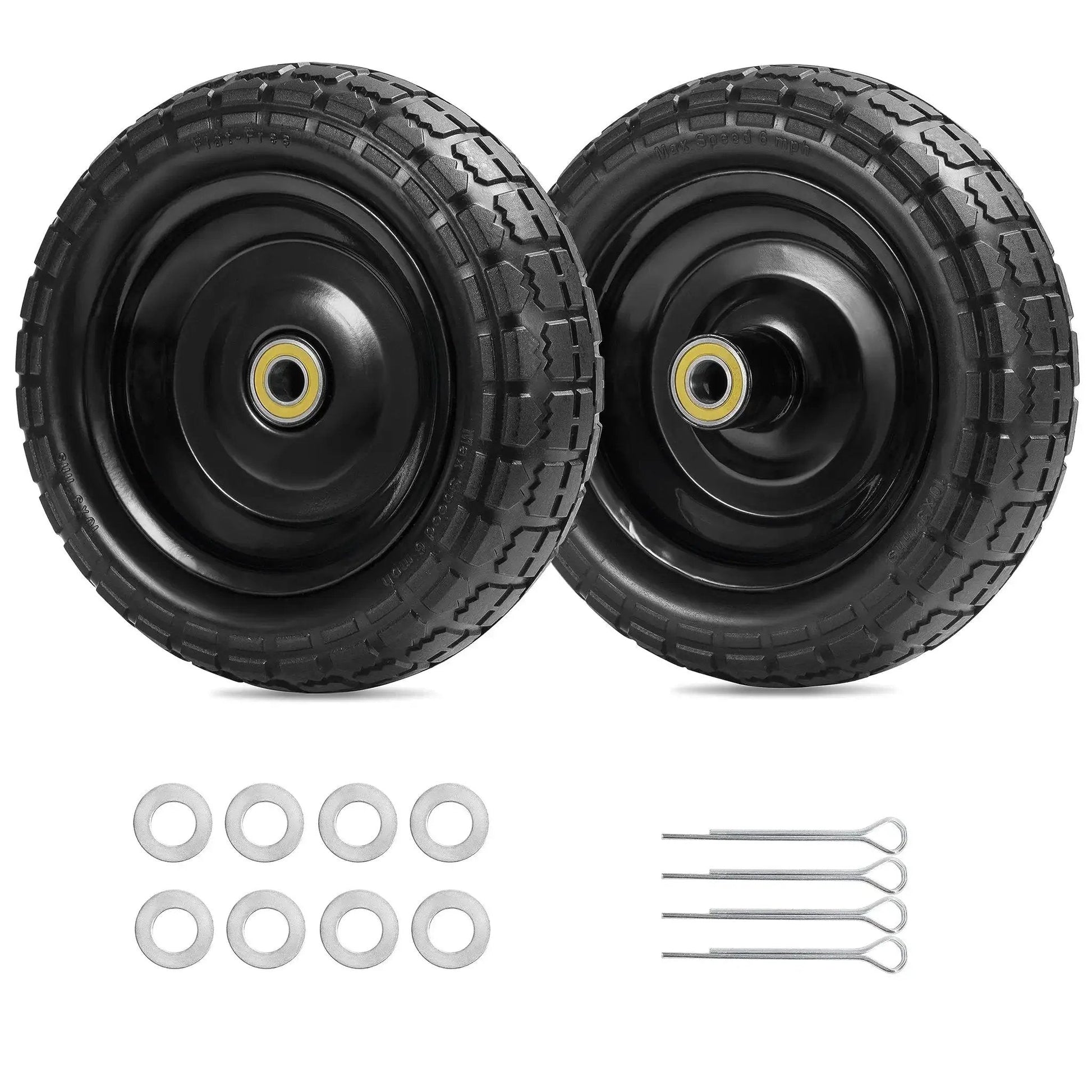 10 Inch Flat Free Solid Tire And Wheel Replacement 4.10/3.50-4 For Hand Trucks Wagons Garden Dollies Trolleys Wheelbarrows And Utility Carts 2 Pack With 2.2 Inch Offset Hub Depth And 5/8 Inch Axle Bore showing two black wheels, washers, and pins.