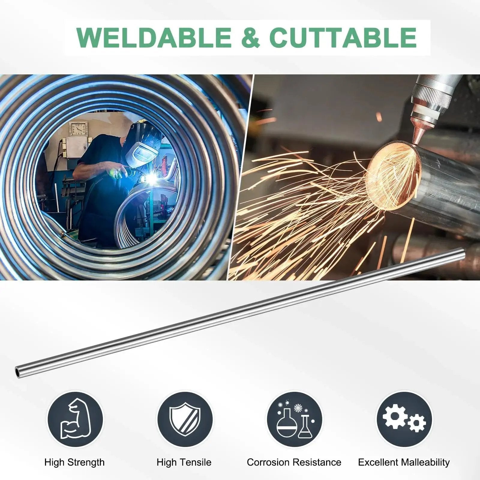 Pro Grade 304 Stainless Steel Tube Set, 300mm Length, Seamless, in machining and welding process with icons highlighting features