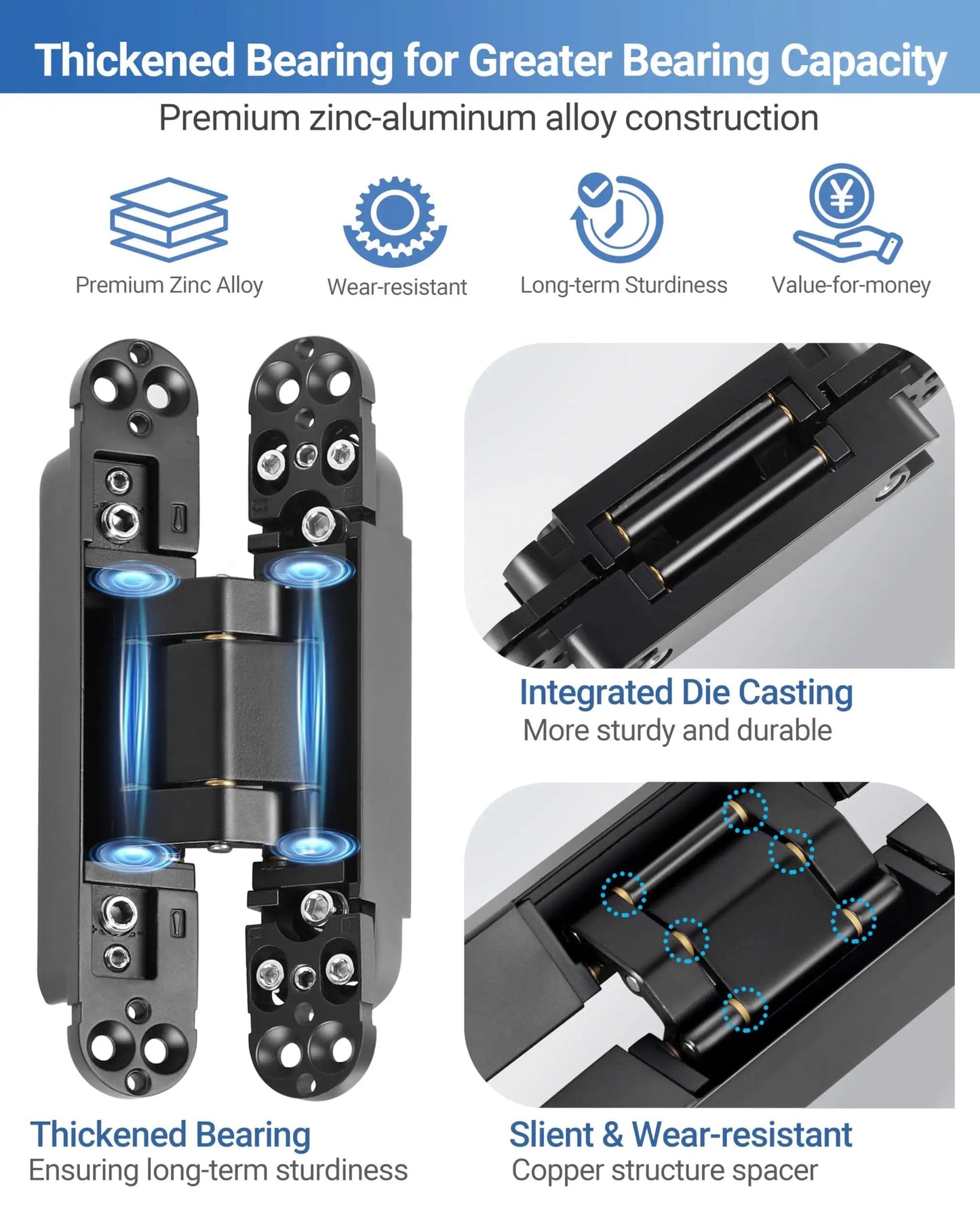 Upgraded Invisible Door Hinges 2 Pack Black 6 Inch Concealed Hidden Hinges For Doors With 3 Way Adjustable And 180 Degree Swing