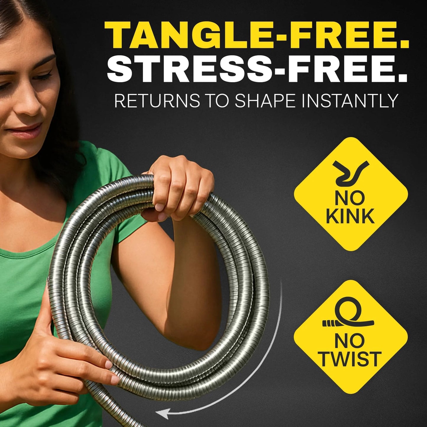 Person holding Heavy Duty 10 Ft Hose Extensions For Garden Hose Reel, Five Eighth Inch Connector, Leak Proof, Non Kinking, Flexible Hose Extension With Brass Fittings Bionic Steel, demonstrating its no kink and no twist features.