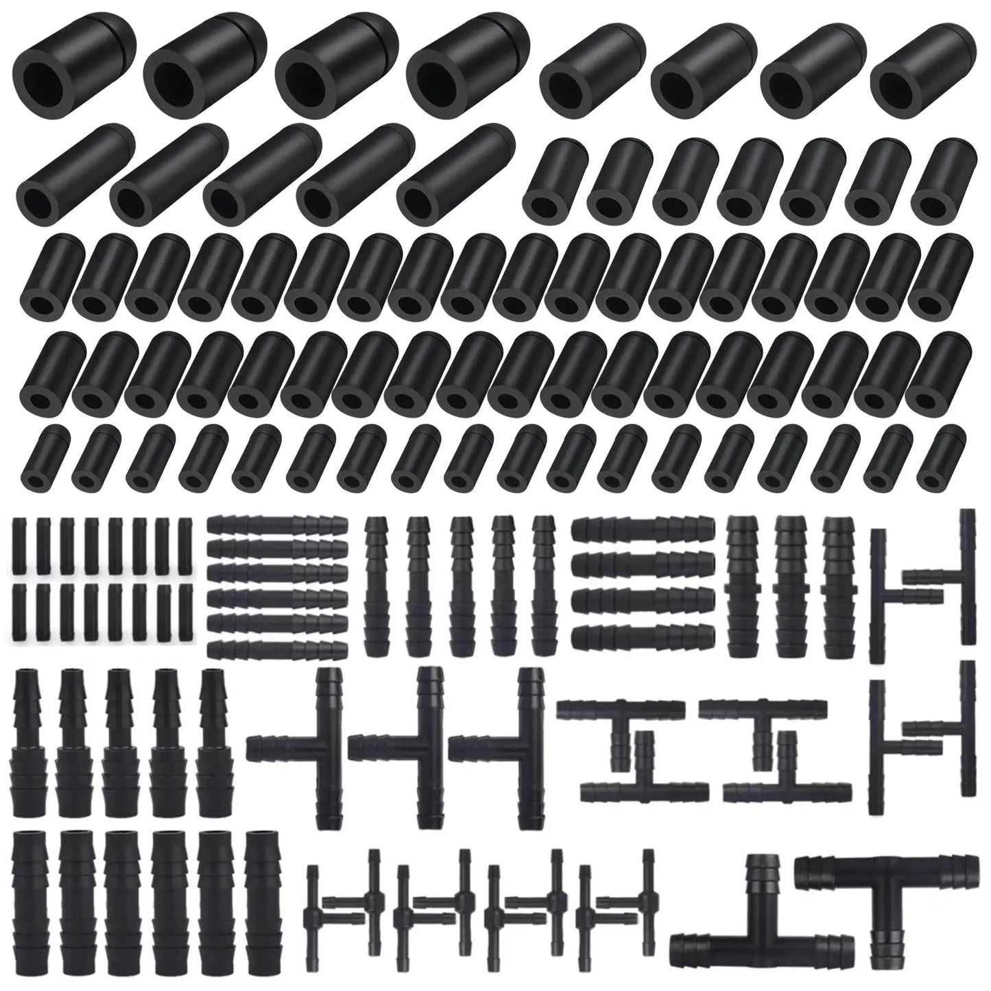 63 Piece Rubber Vacuum Hose End Cap Kit In Seven Sizes For Sealing Hoses And Fittings arranged in neat rows.