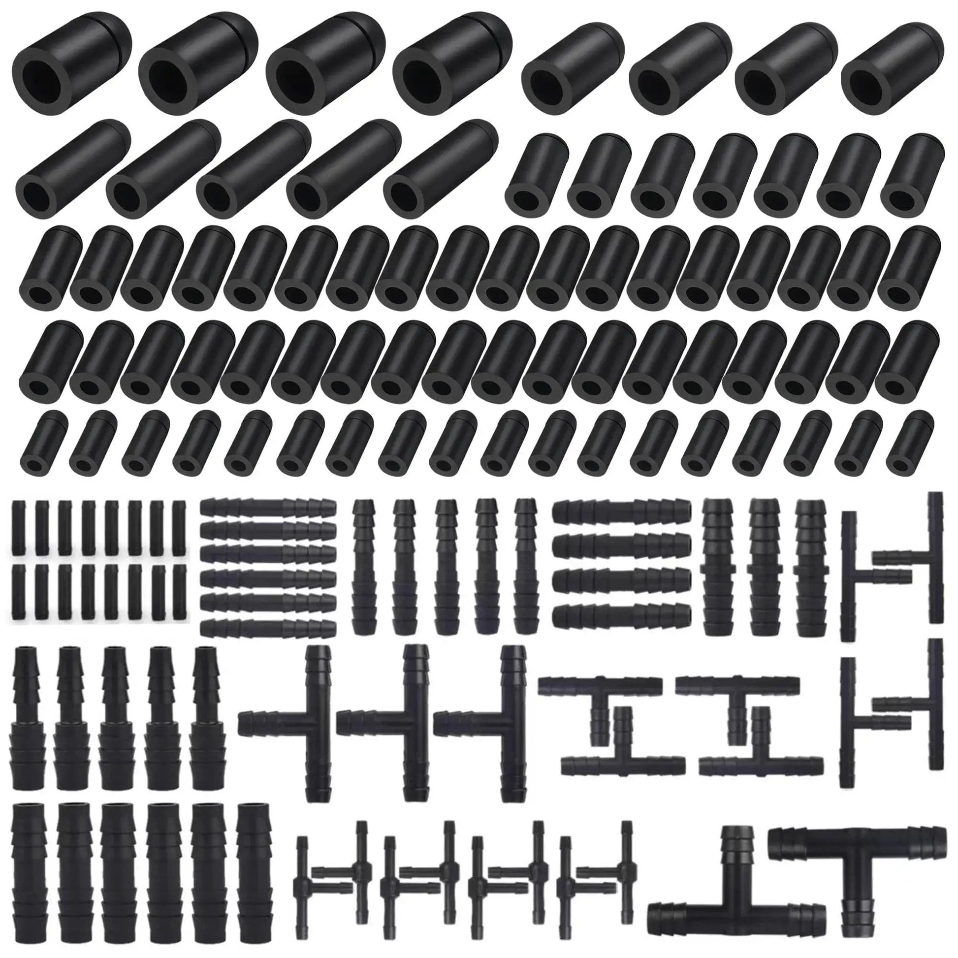 63 Piece Rubber Vacuum Hose End Cap Kit In Seven Sizes For Sealing Hoses And Fittings arranged in neat rows.