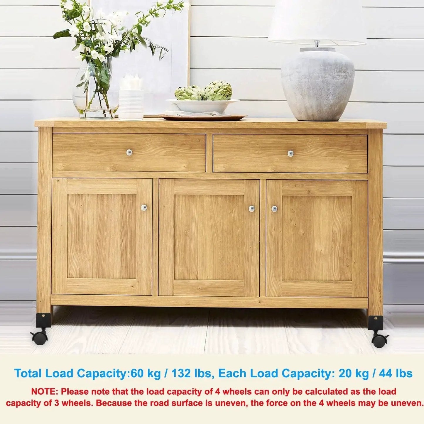 Wooden cabinet with 2 Inch Swivel Caster With Brake For Furniture Legs Four Pack 360 Degree Rotation Quiet Wheel U Bracket 1 Inch Inner Width 50mm Diameter Supports Total Load Up To 132 Lbs With 44 Lbs Per Caster.