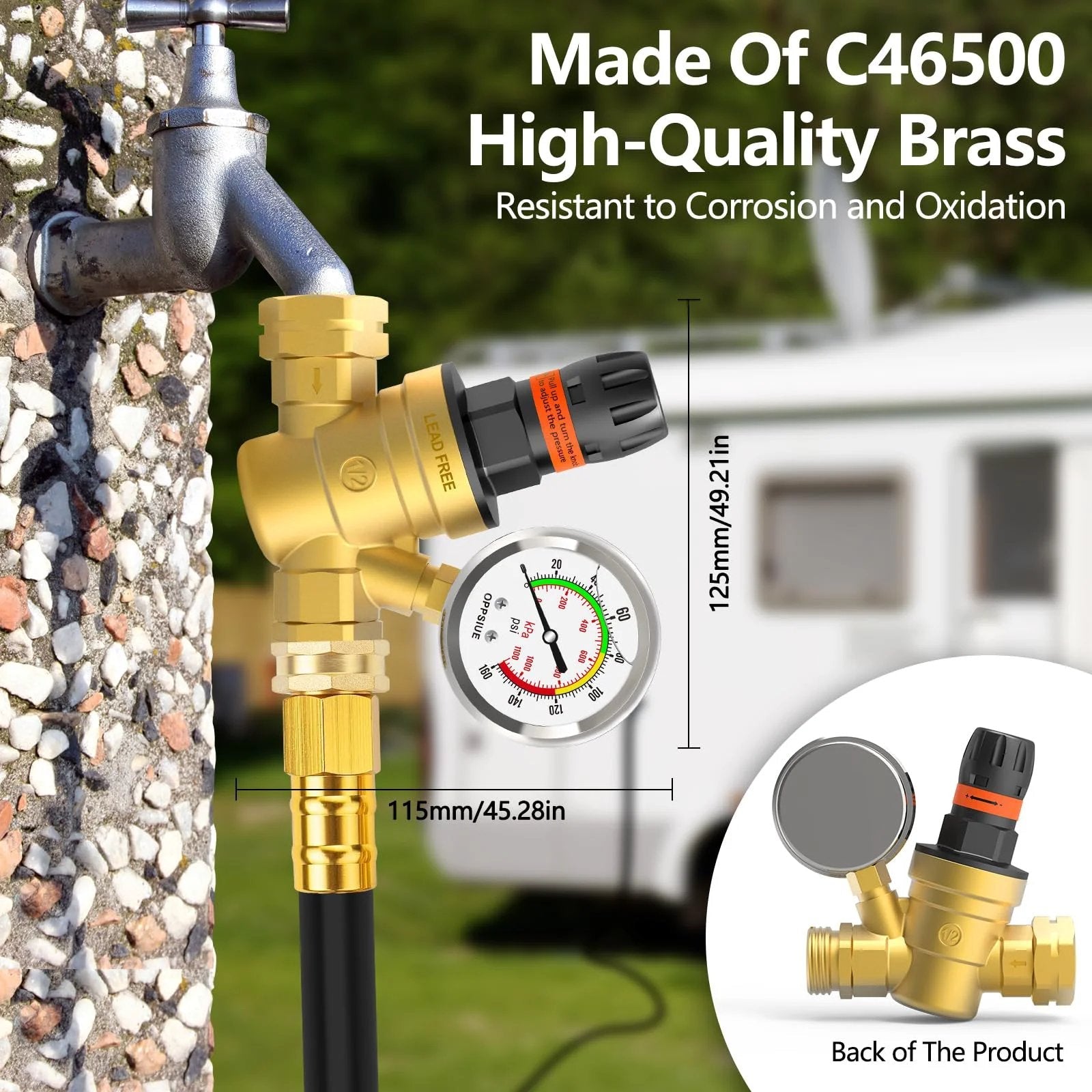 RV Water Pressure Regulator With Colorful Gauge And Hand Adjustable Knob Lead Free Brass Reducer With Inlet Screen Filter NH Thread For RV Camper Travel Trailer Water Hose Easy To Use And Protects Pipes On The Road installed on outdoor faucet