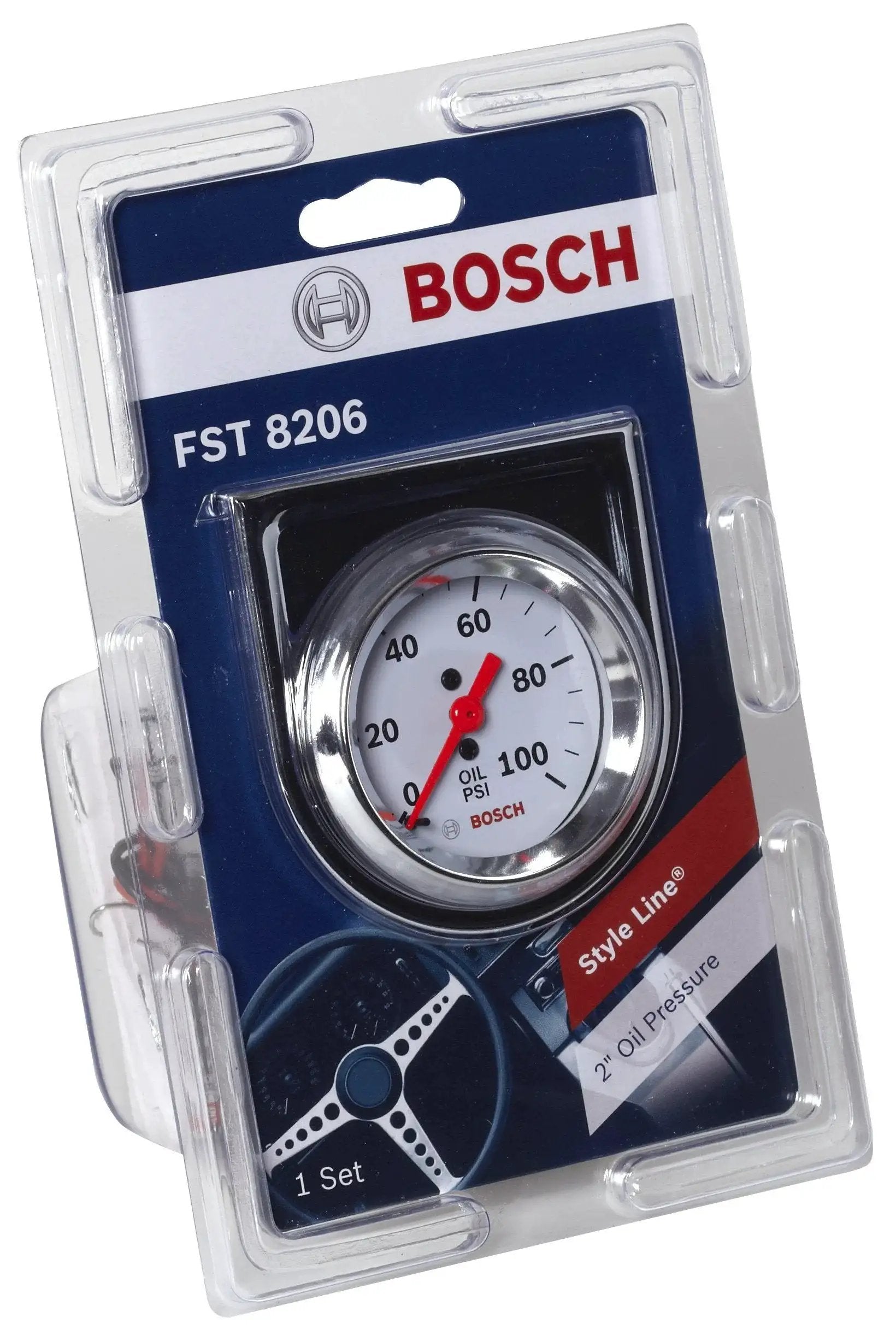 Style Line 2 Inch Mechanical Oil Pressure Gauge With White Dial And Chrome Bezel By Bosch SP0F000044 in packaging