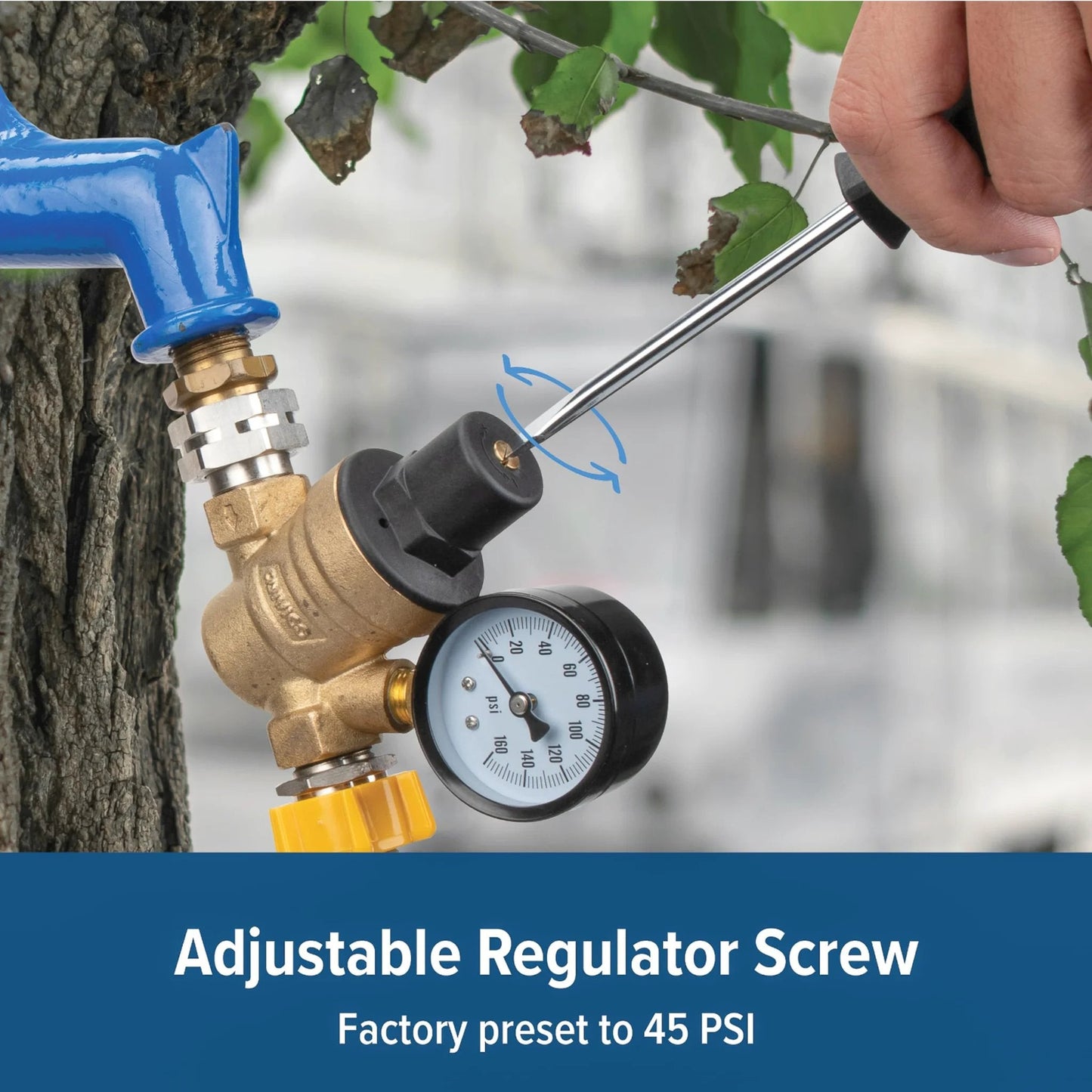 Adjustable Brass Water Pressure Regulator for RV and Marine Use With Standard Garden Hose Threads for Easy Hookup Helps Prevent Damage to Appliances Plumbing Fixtures and Hoses Camco 40058 connected to a blue hose with gauge and screwdriver adjustment