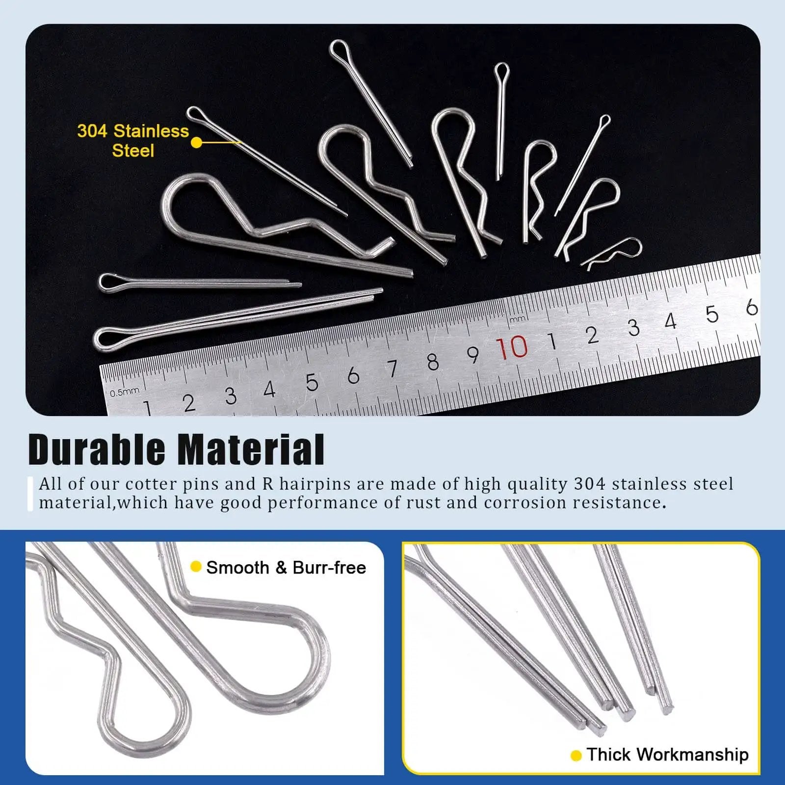 Stainless Steel 304 Cotter Pins And Hairpin R Clips Set 215 Piece Assortment Kit With Sizes M1 to M3 next to a ruler