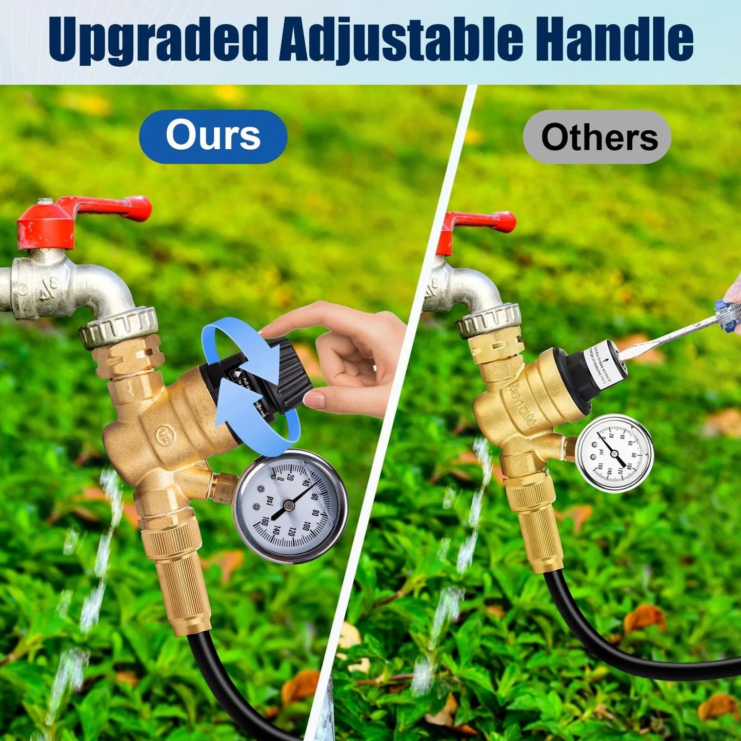 Leadless Brass RV Water Pressure Regulator With Strainer And Pressure Gauge For Camper RV Systems Adjustable Top Handle