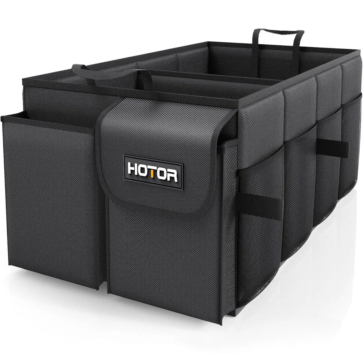 Foldable Car Trunk Organizer For SUVs And Sedans With Two Large Compartments And Six Mesh Pockets in black fabric, side view.