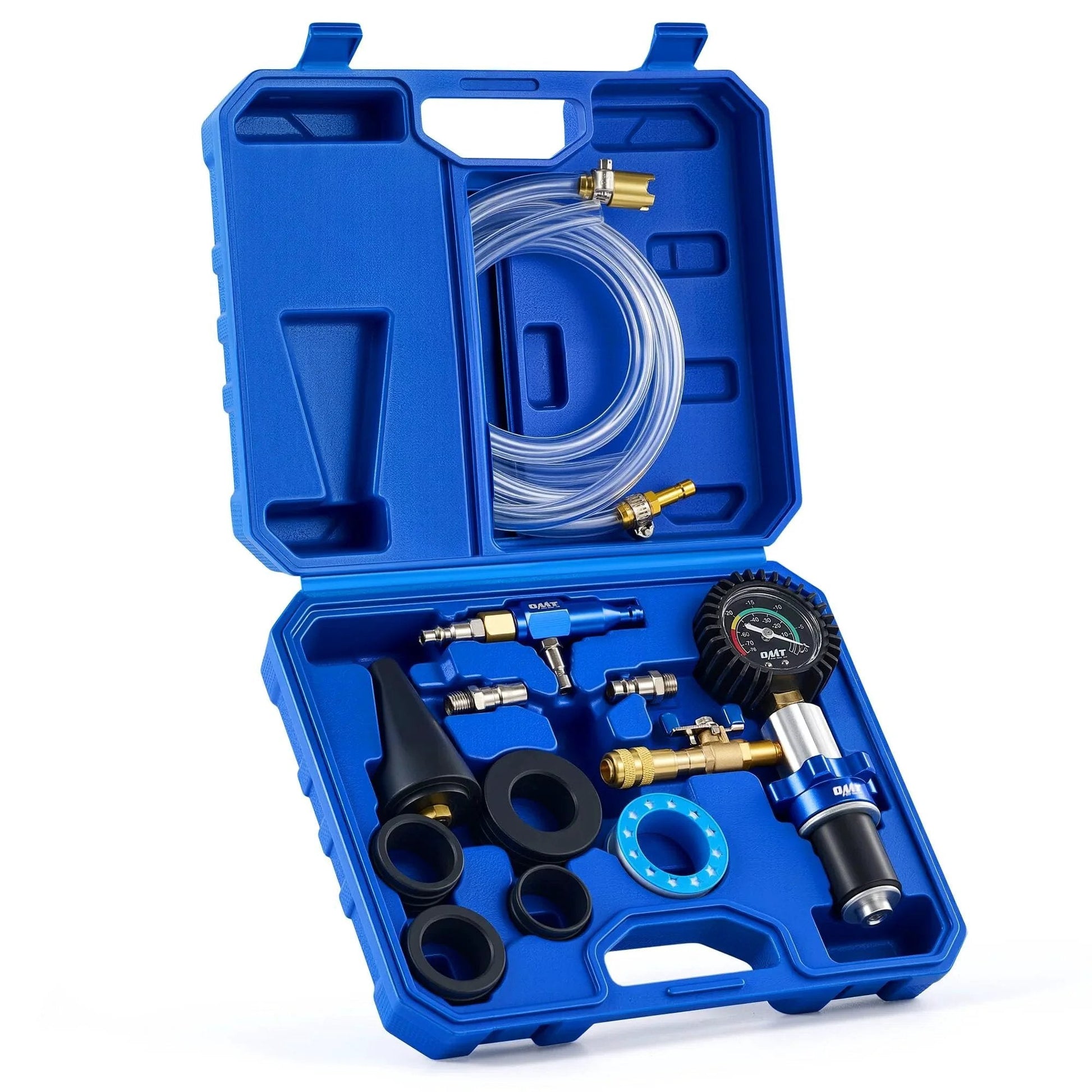 Fast Coolant Vacuum Refill Kit For Cars And Trucks Orion Motor Tech 13 Piece Auto Radiator Tool Set in blue case, hose and adapters visible