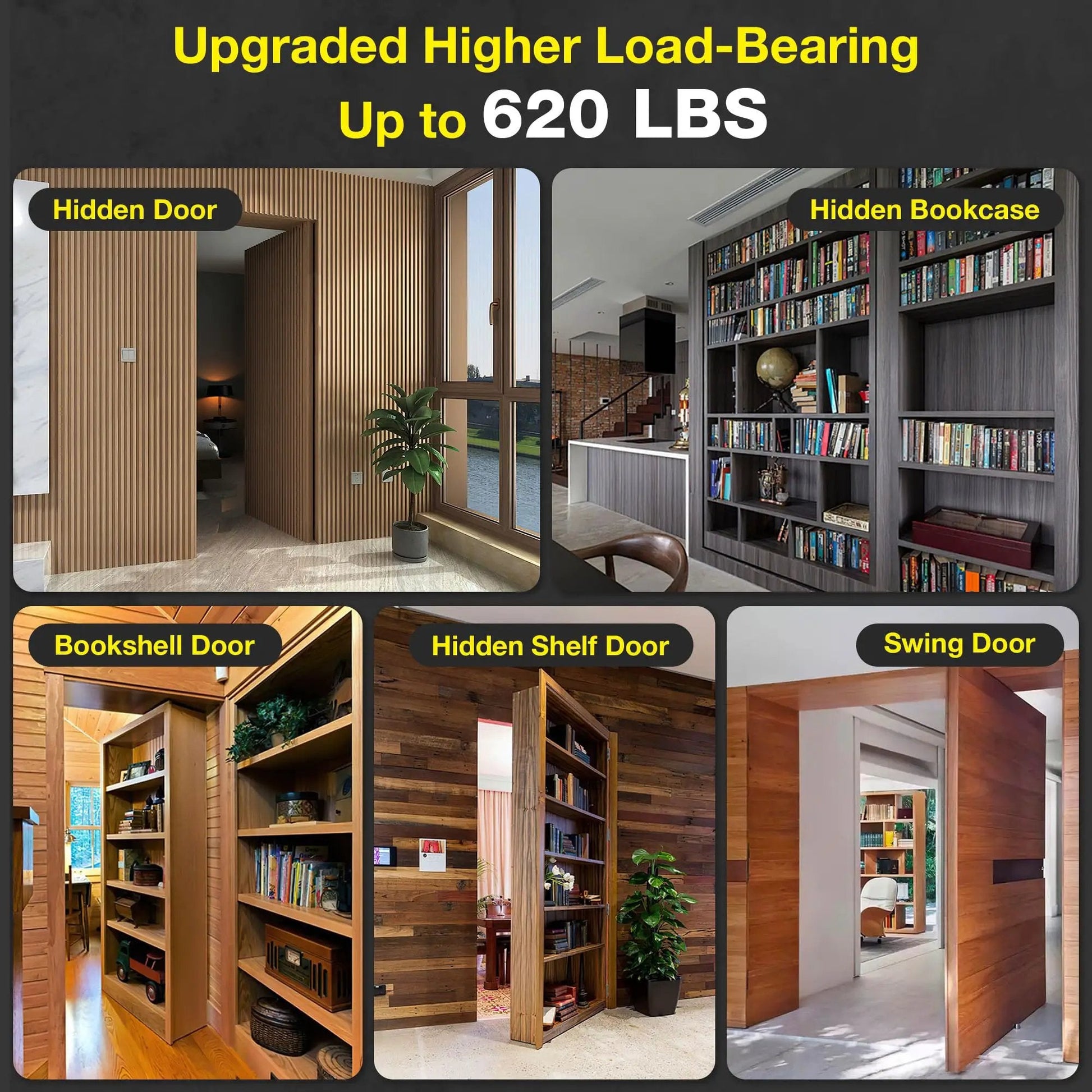 Hidden Door Hinge Kit With 620 Lbs Load Bearing Heavy Duty Stainless Steel Pivot Hinge 360 Degree Rotation Black Invisible Hardware For Secret Doors And Hidden Bookcase Doors, showcasing installed hidden doors and bookcases.