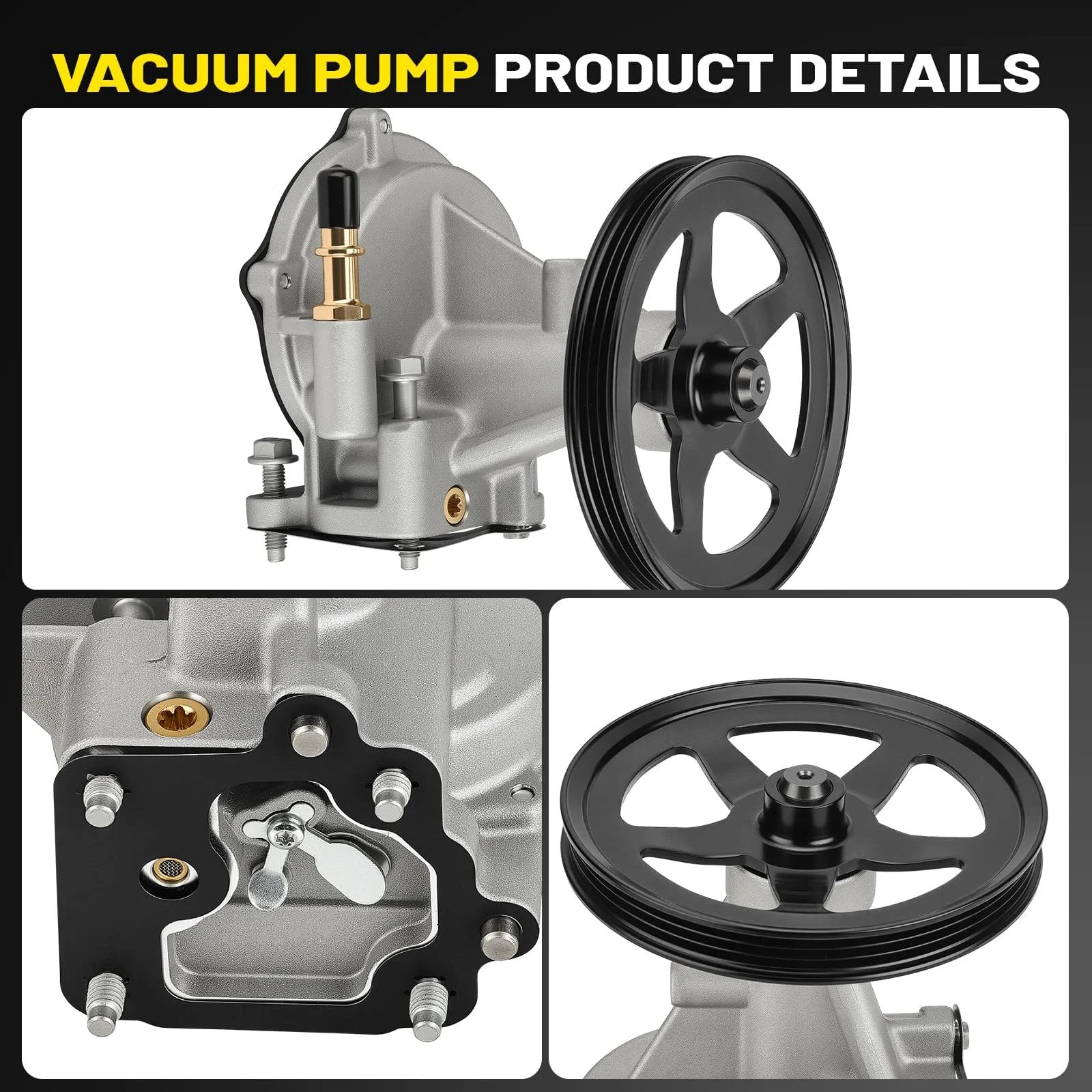 Premium Drop-In Brake Vacuum Pump For 2014-2020 Cadillac Escalade Suburban Silverado Tahoe Cheyenne GMC Sierra Yukon 4.3L 5.3L 6.2L Engines Replace OE 12654013 12659655 12660004 12662552 12669488 12696313 C-Tzu, showing product details with metal construction and pulley design.