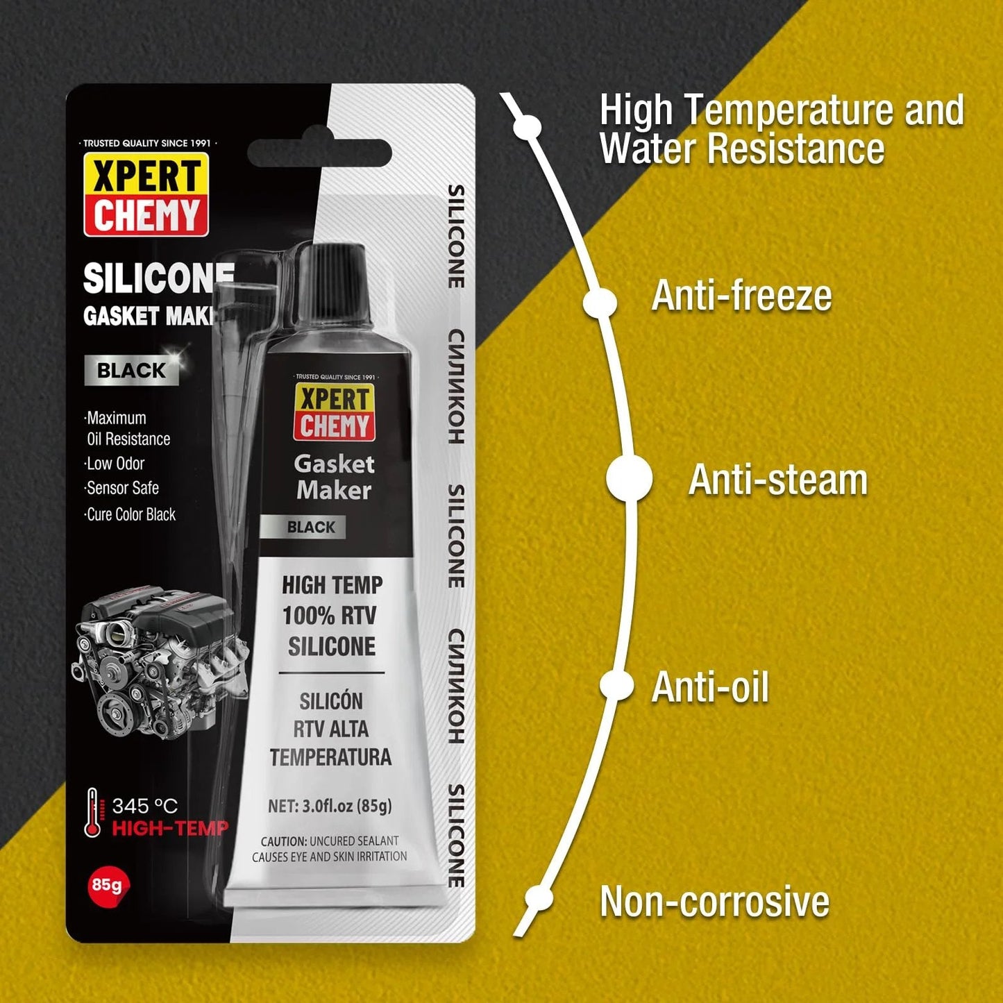 RTV Silicone Gasket Maker for Automotive High Temp Sealant Anti Freeze and Oil Resistant Bonding visible in packaging