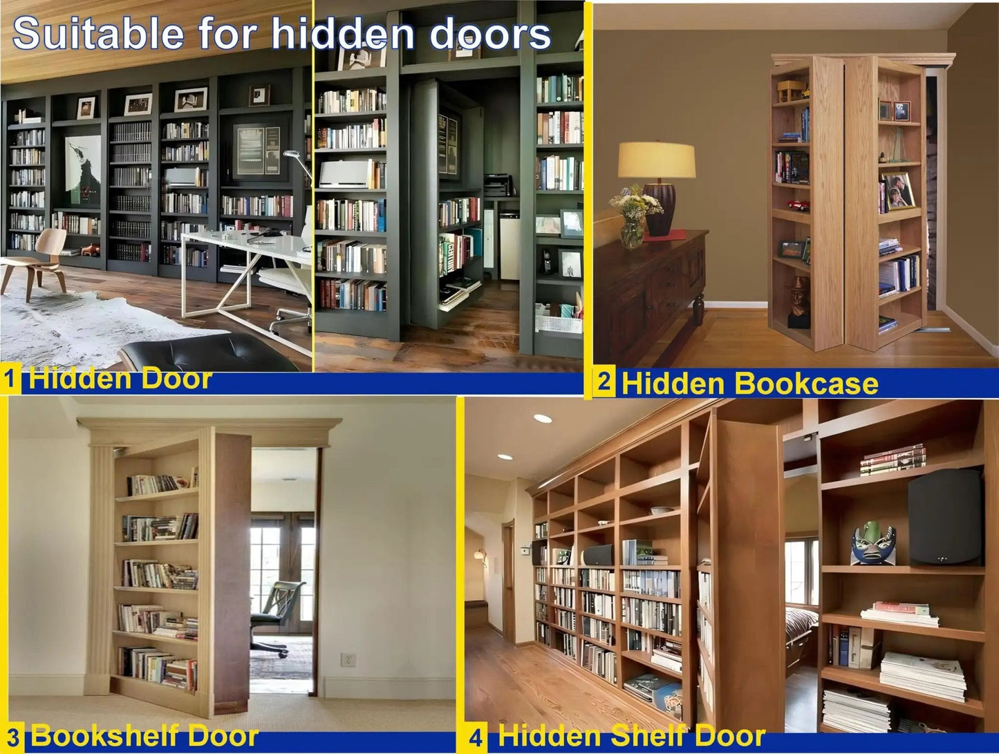 Various installations of the Hidden Pivot Door Hinge Set for Bookcases and Murphy Doors, showcasing different hidden door designs.