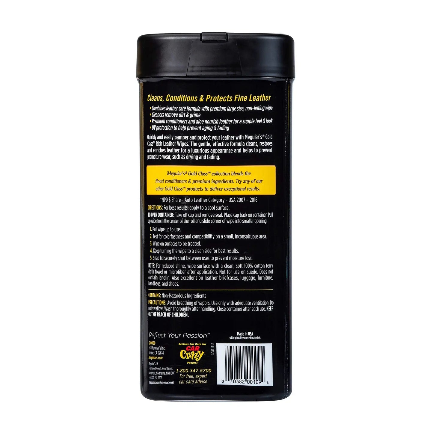 Back view of Gold Class Rich Leather Wipes For Car Care With Conditioning And UV Protection, Moisturizers Help Prevent Drying Out And Cracking, 30 Count By Meguiar's.