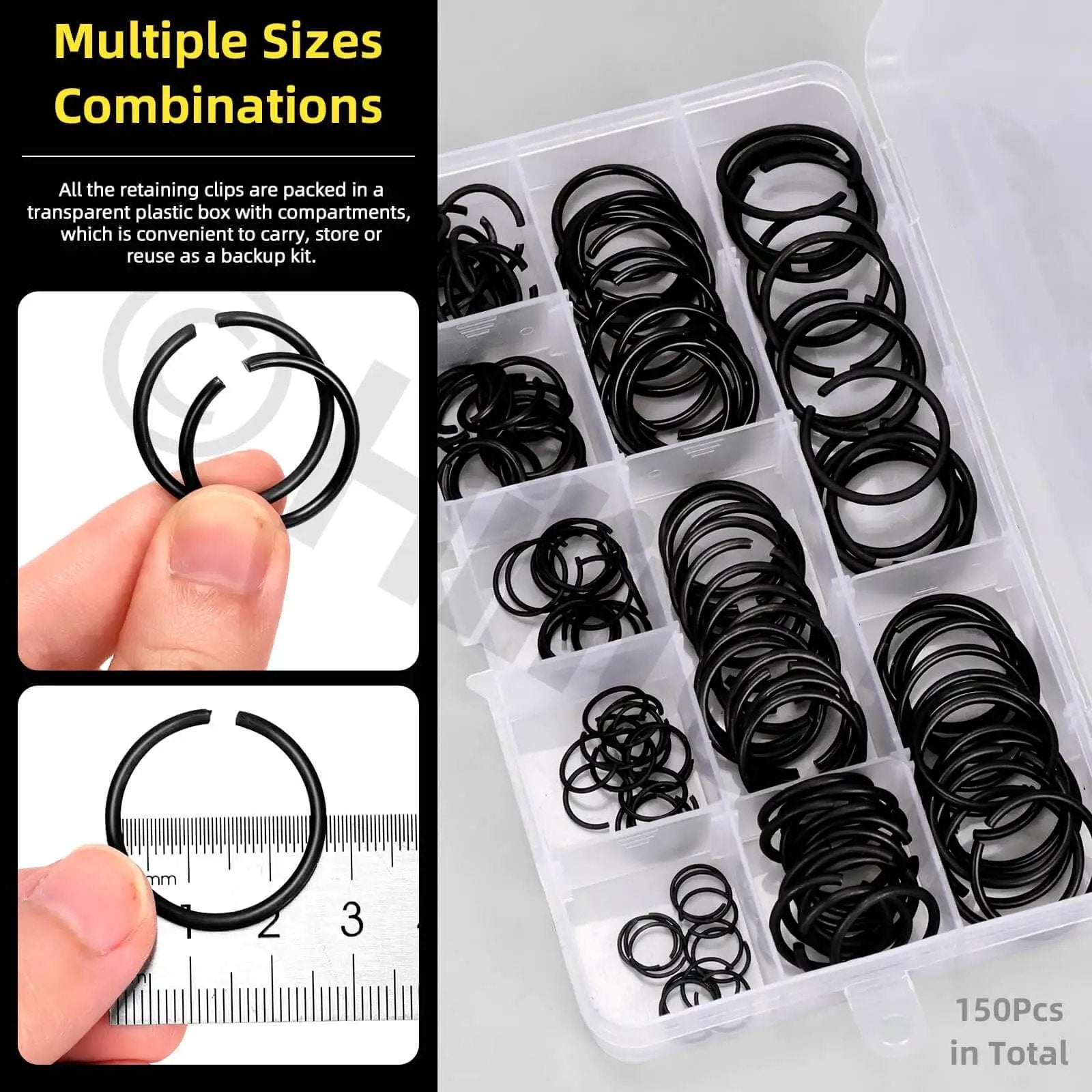 Precision 150Pcs Round Wire C Clips Set In 10 Sizes M10 To M26 GB8952 Retainer Clips Kit Black Internal Snap Rings shown in box