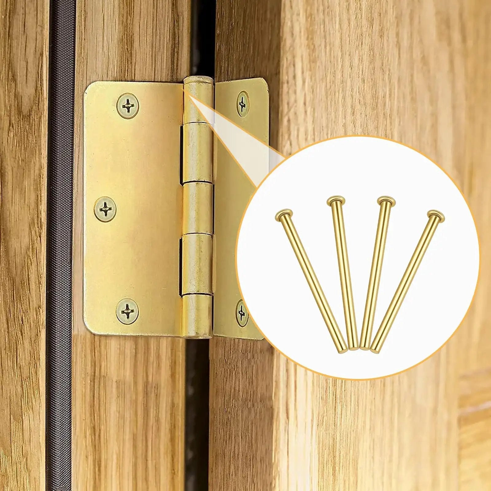 Four Pack Three Point Five Inch Interior Door Hinge Pins Stainless Steel Self Closing Security Pins for Replacing Internal Safety Hinges On Home And Office Doors Rust Resistant And Super Durable shown installed on a wooden door hinge.