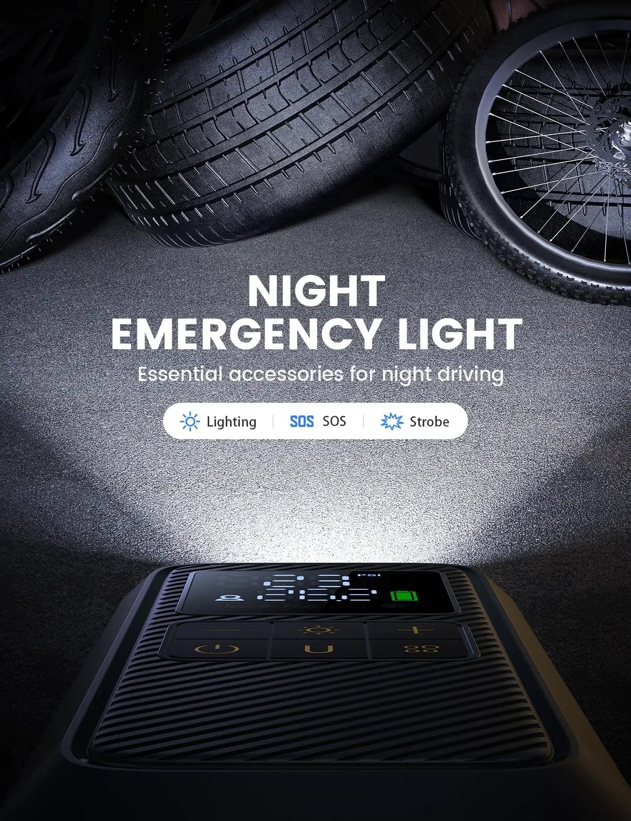 Fast Tire Inflator Portable Air Pump With Digital Gauge And LED Light 150 PSI Electric Tire Pump For Car And Motorcycle 5x Faster Inflation showing digital interface and night light feature.
