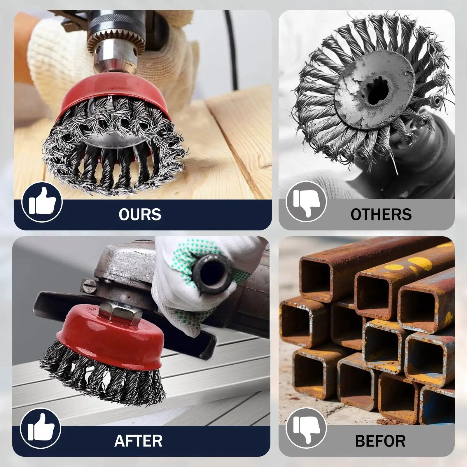 Comparison of Three Pack Wire Wheel Brush Set For Angle Grinders With 0.02 Inch Carbon Steel 72A Twist Wire And Five Eighth Inch Arbor