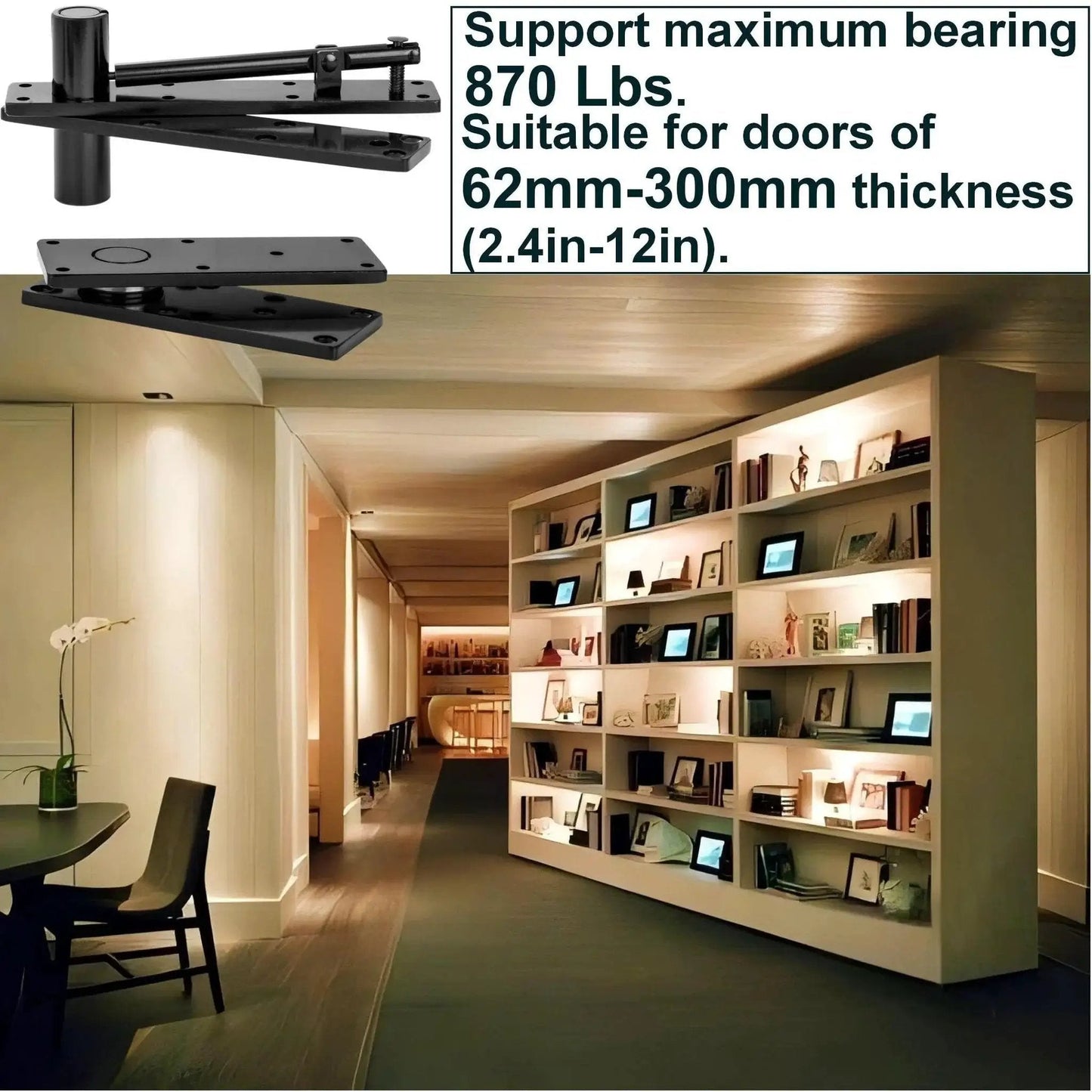 Beefy Hidden Door Hinge Heavy Duty 870 Lbs Load Bearing With Thick Solid Steel Frame 360 Degree Swivel Pivot installed in bookcase