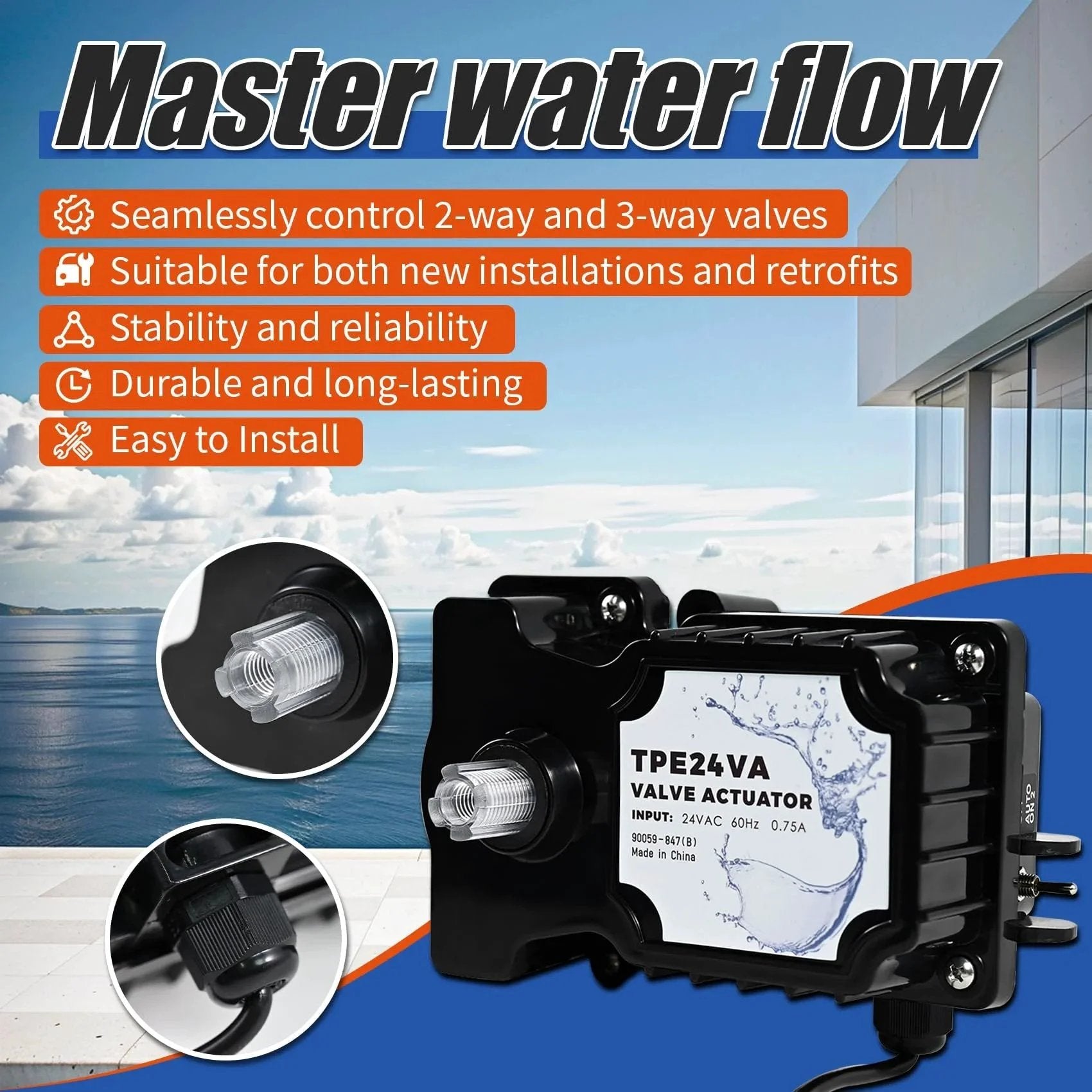 Universal 24 Volt Pool Valve Actuator Replacement For 24VAC Control Systems with no fuss auto rotation featured by poolside.
