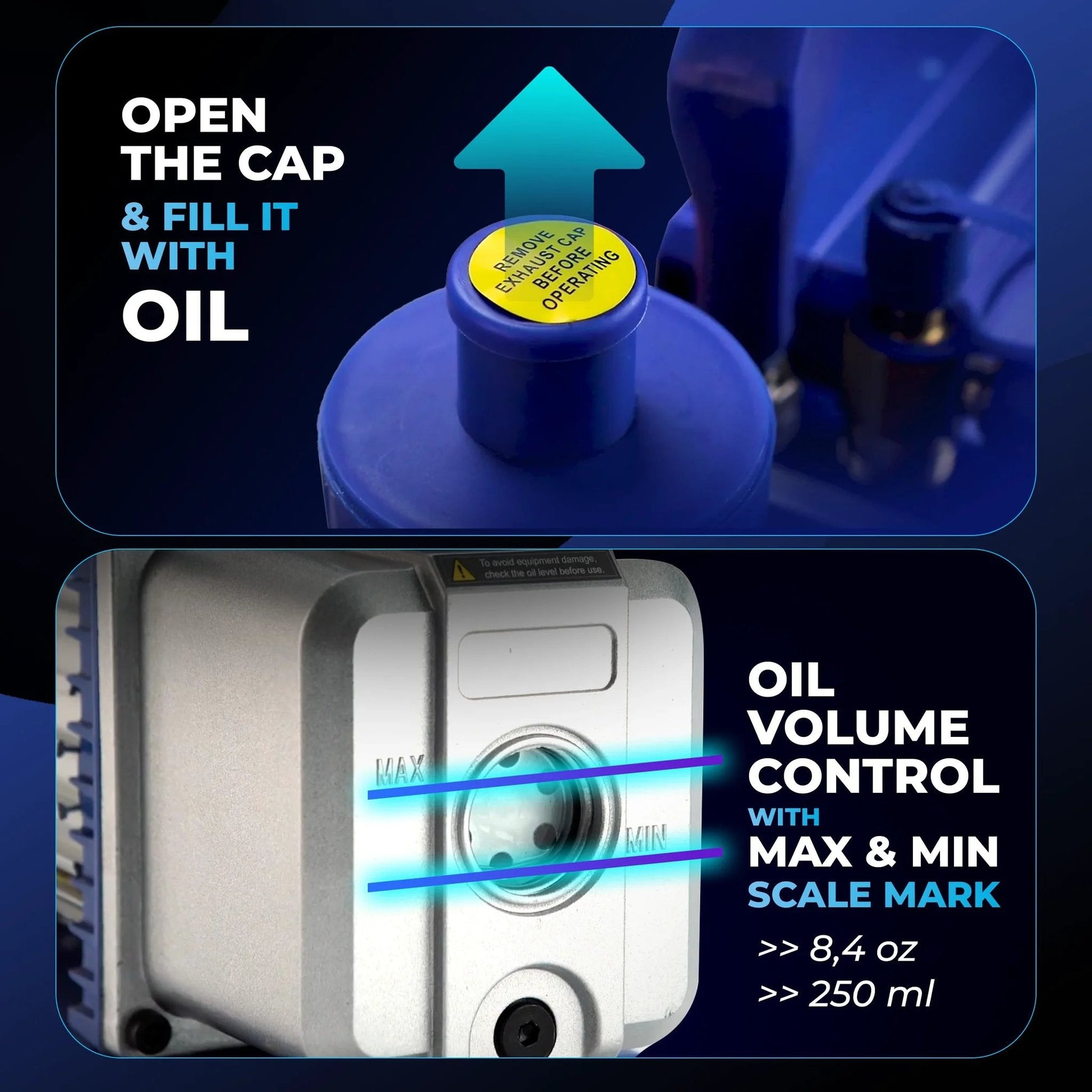 Close-up of 7 CFM Vacuum Pump For AC System HVAC One Half HP Automotive Vacuum Pump 110 Volt with oil cap and volume control.