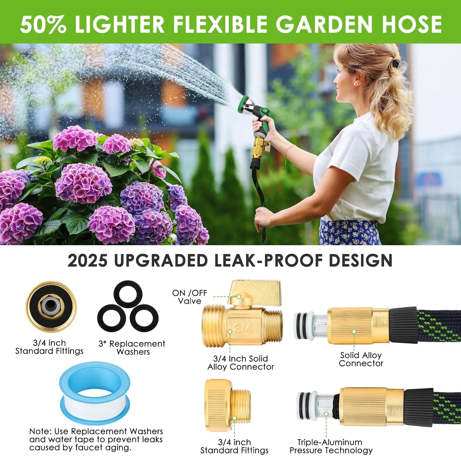 Ultra Lightweight Non Expanding Garden Hose 100 Ft With 10 Pattern Spray Nozzle Kink Free Leak Proof 3750D High Density Fabric