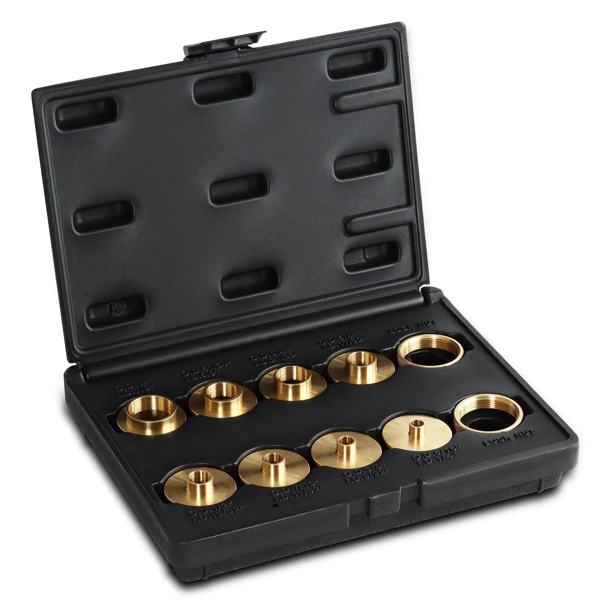 Brass Router Template Guides Bushing Set for Porter-Cable Style, 10-Piece with black carrying case, showing bushings and lock nuts.