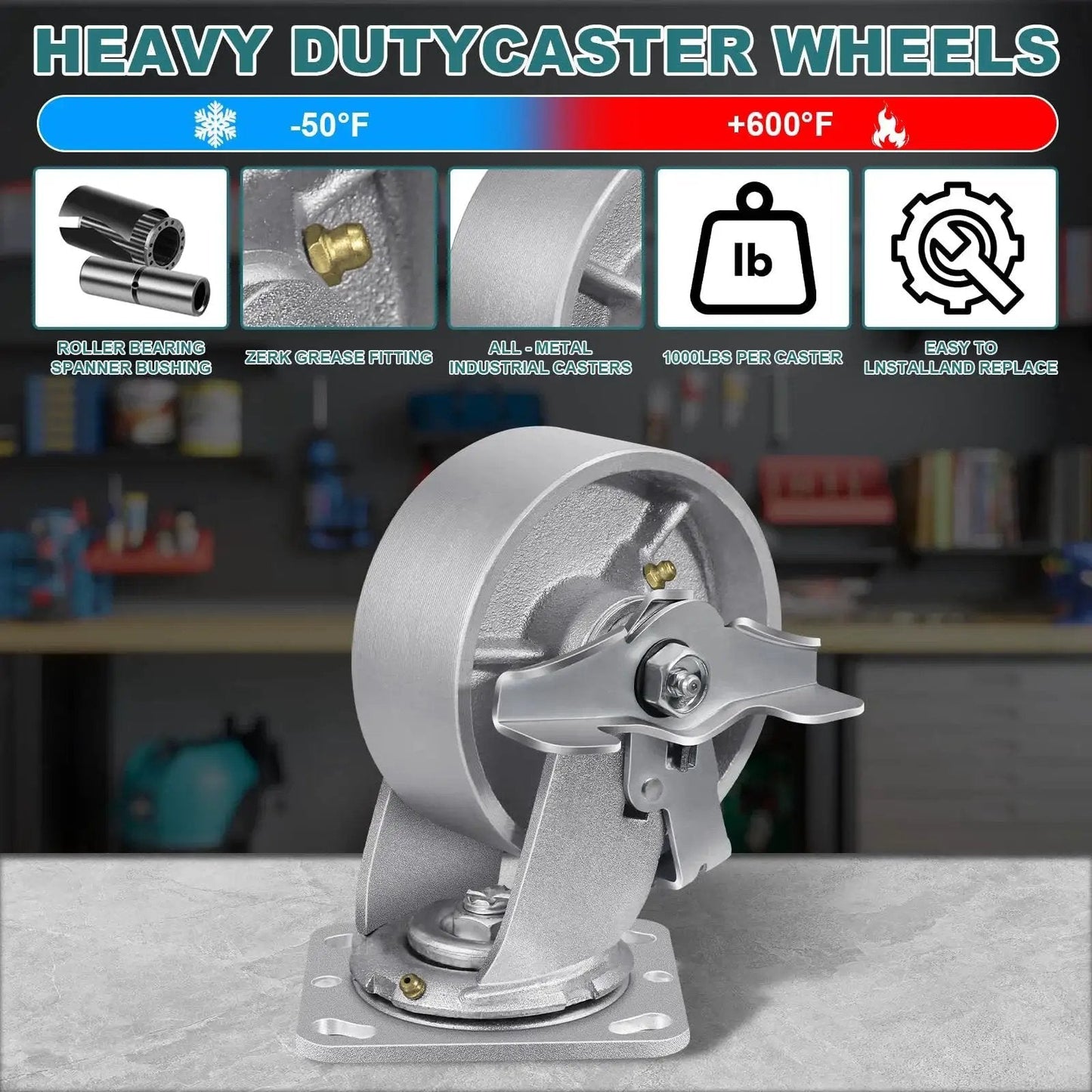 Heavy Duty Industrial Caster Wheels Set 5 Inch By 2 Inch Cast Iron Hubs With Roller Bearings 4000 LB Capacity displayed in workshop