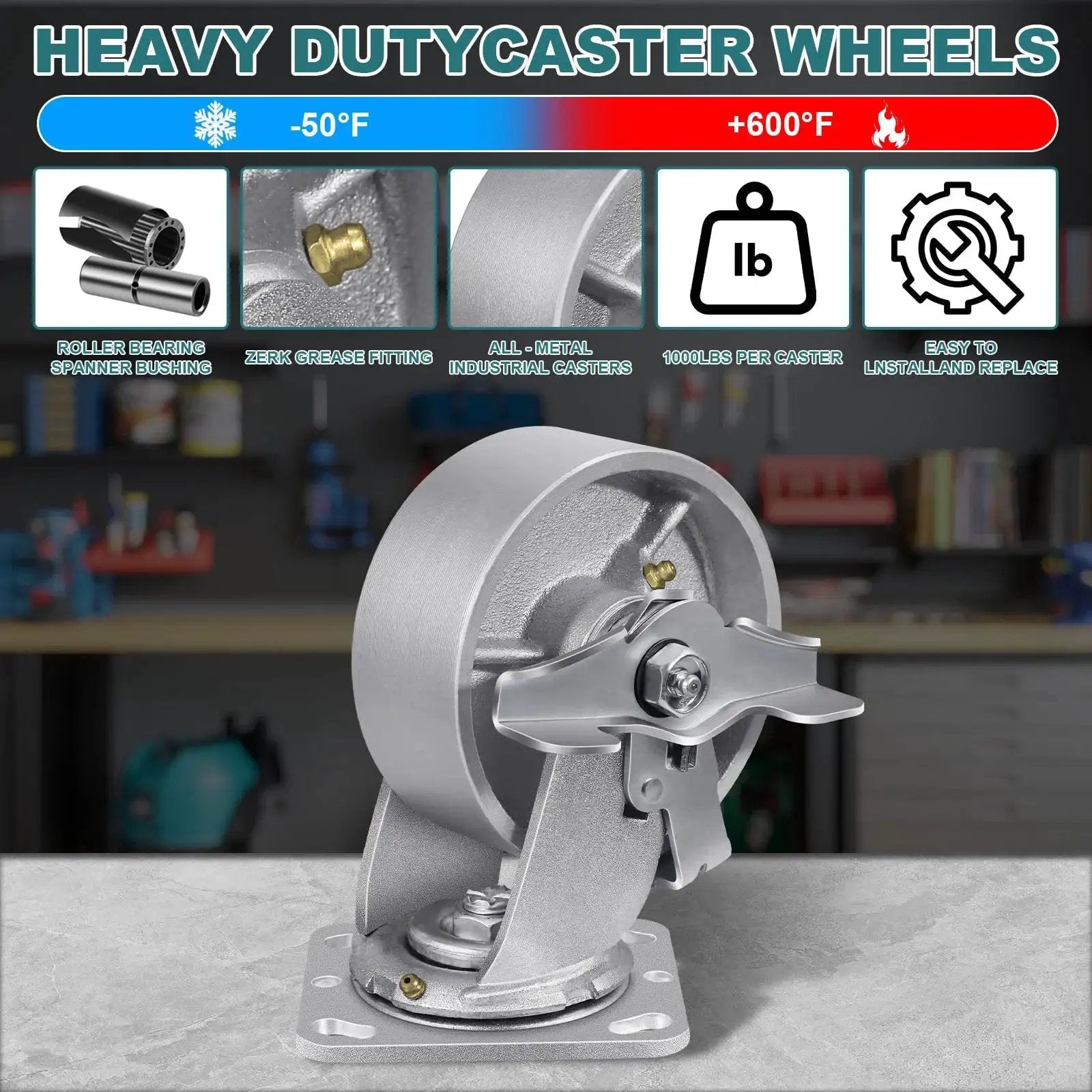 Heavy Duty Industrial Caster Wheels Set 5 Inch By 2 Inch Cast Iron Hubs With Roller Bearings 4000 LB Capacity displayed in workshop