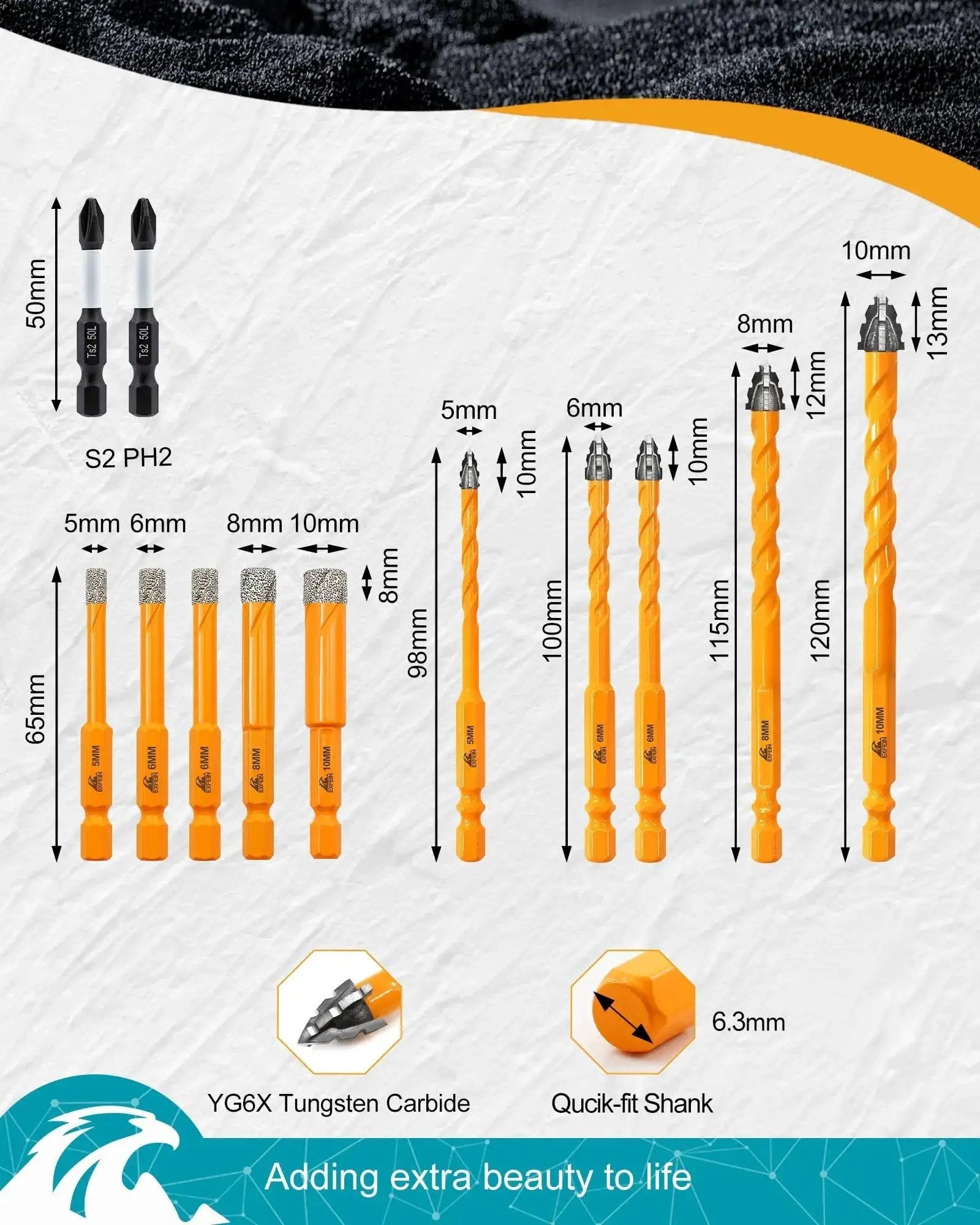 12 Piece Diamond Drill Bits Set For Tile Masonry And Wood With 1/4 Inch Quick Change Hex Shank Includes 3/16 5mm 1/4 6mm 5/16 8mm And 3/8 10mm Bits Plus PH2 Bits For Home Pros And DIYers displayed with size details