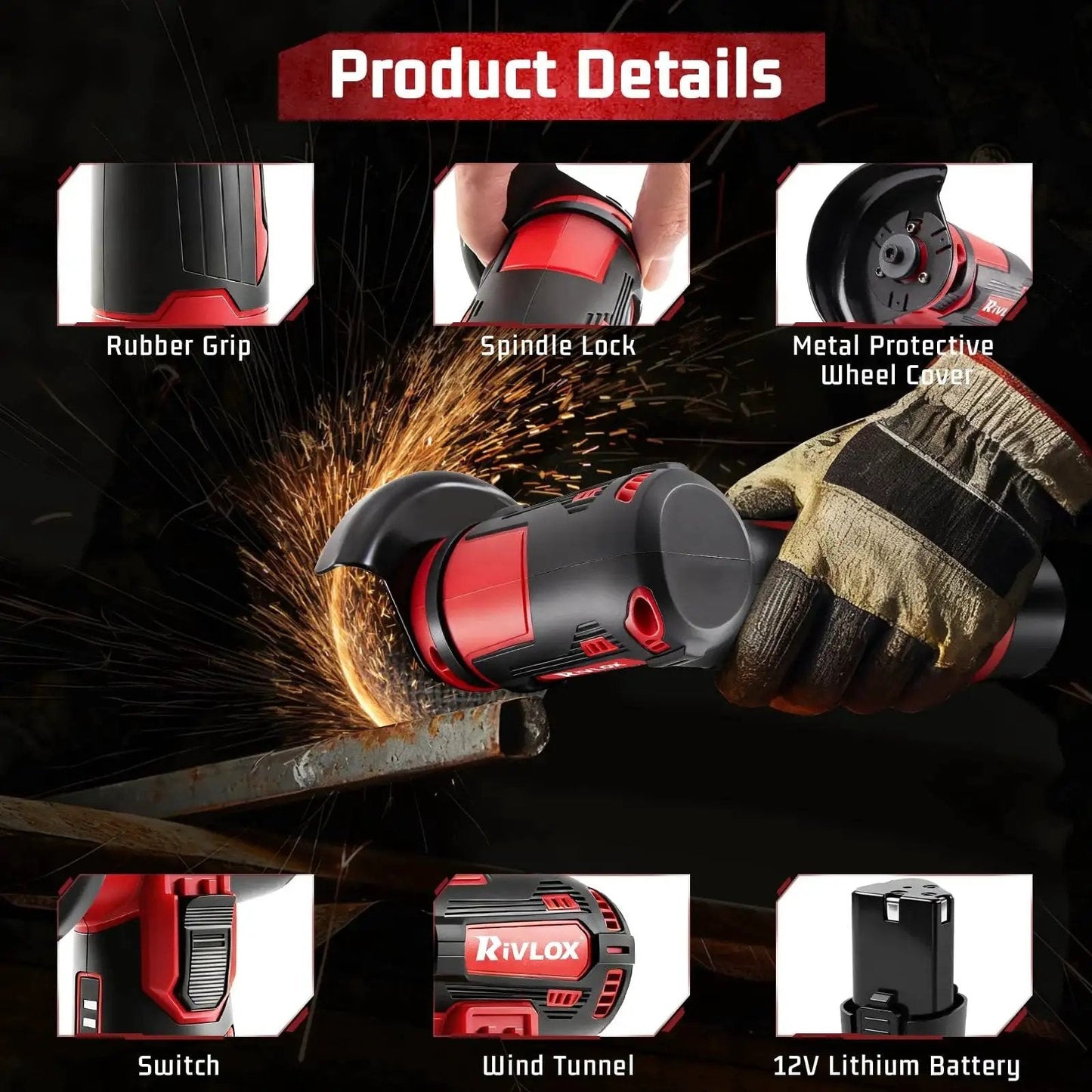Cordless Mini 3 Inch Angle Grinder Kit With Dual 12V 1500mAh Batteries And Charger Rivlox Includes 5 Cutting Discs.